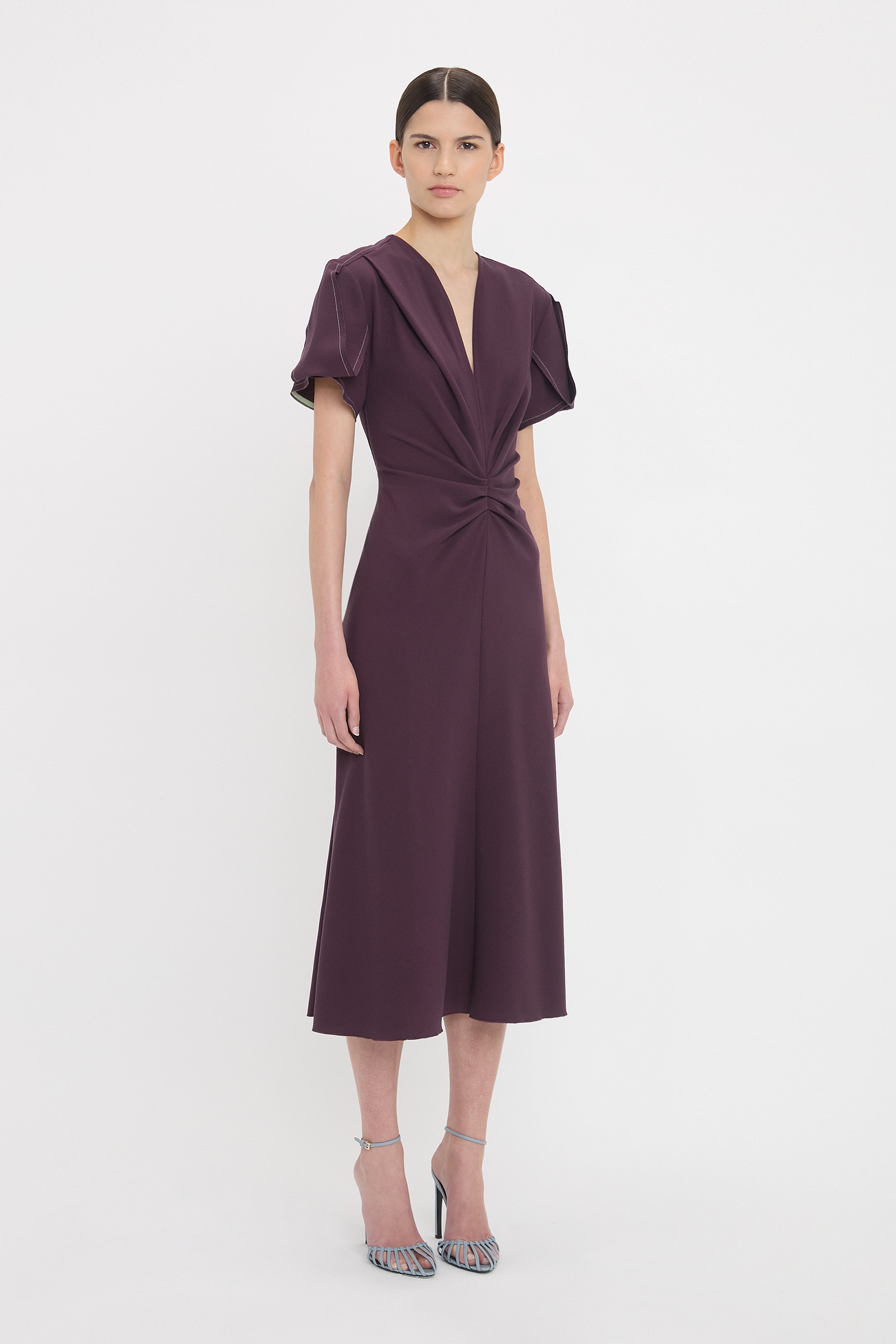 Gathered V-Neck Midi Dress In Fig - 3