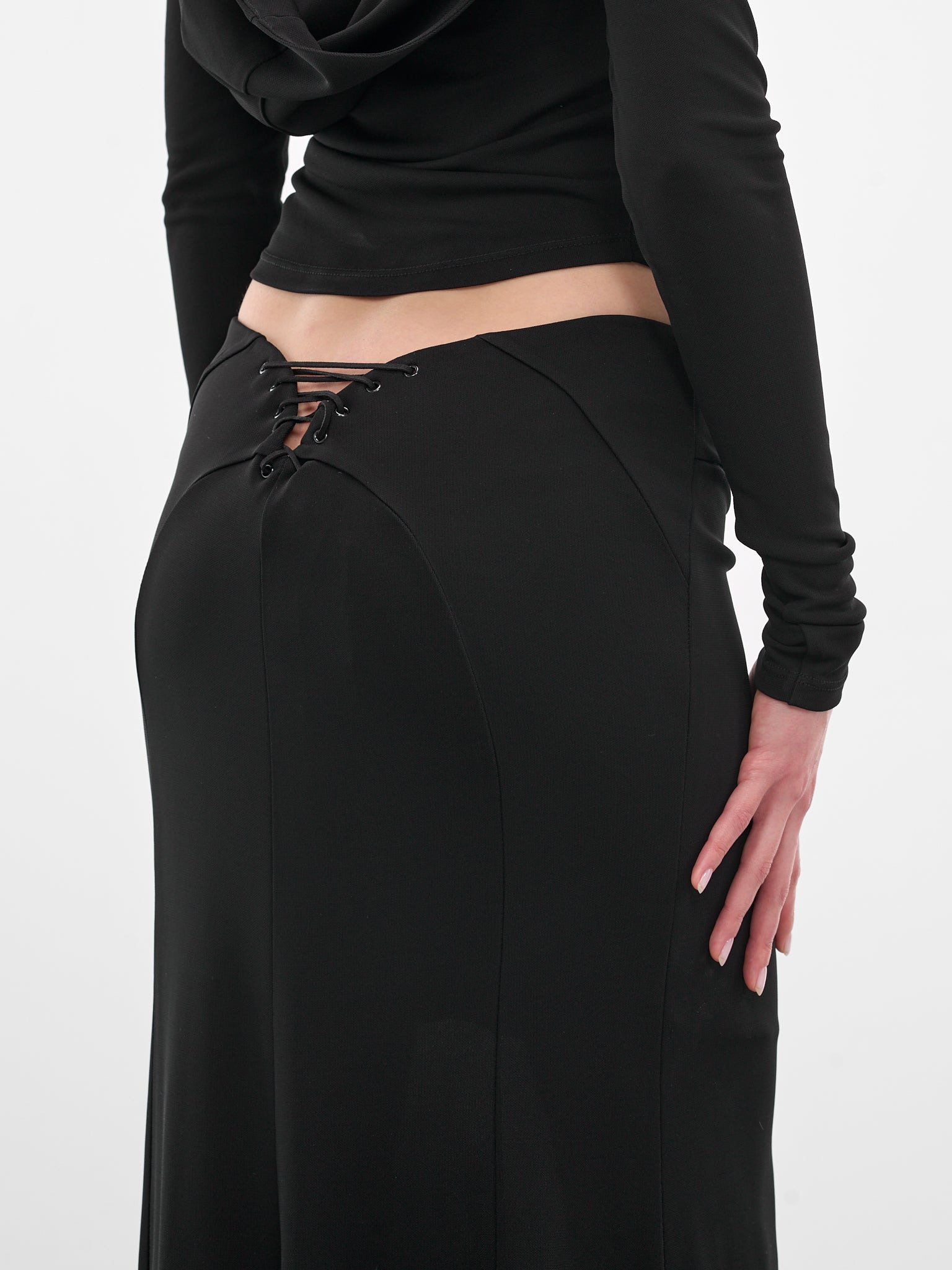 Black Long Lace-Up Skirt - 5