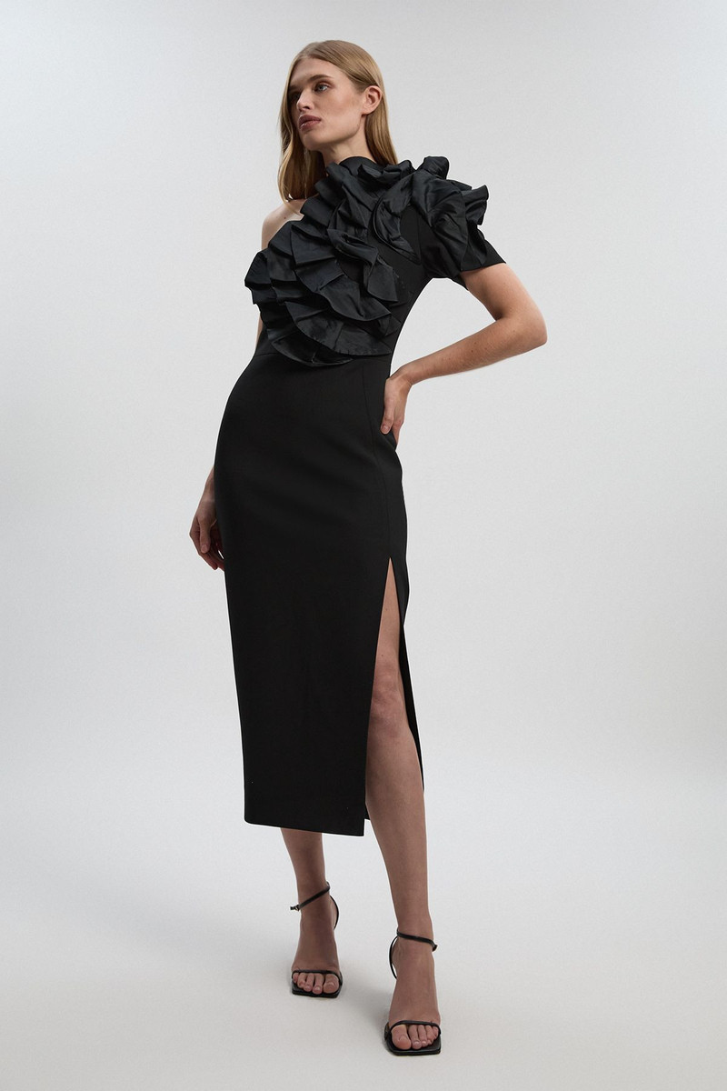 KAREN MILLEN Compact Stretch Taffeta Ruffle One Shoulder Midi Dress outlook