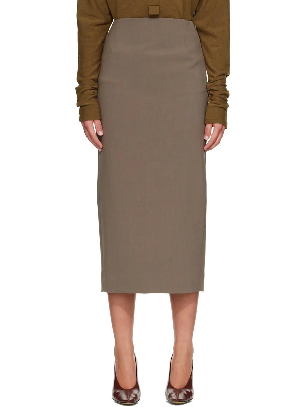 Taupe Pencil Midi Skirt - 1
