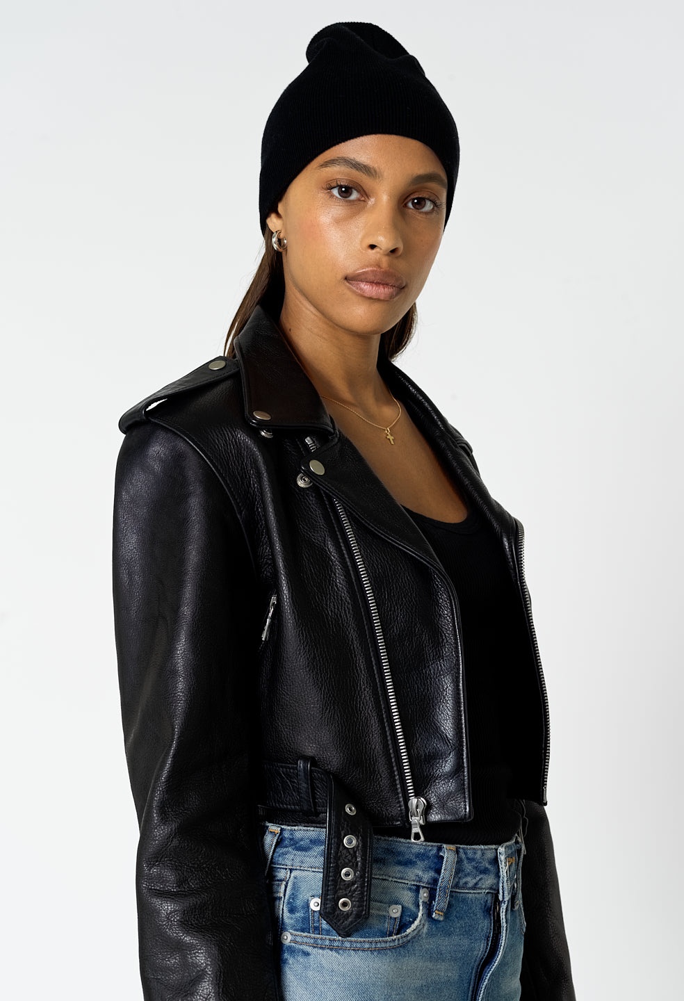 LEATHER CROPPED BIKER JACKET - 6