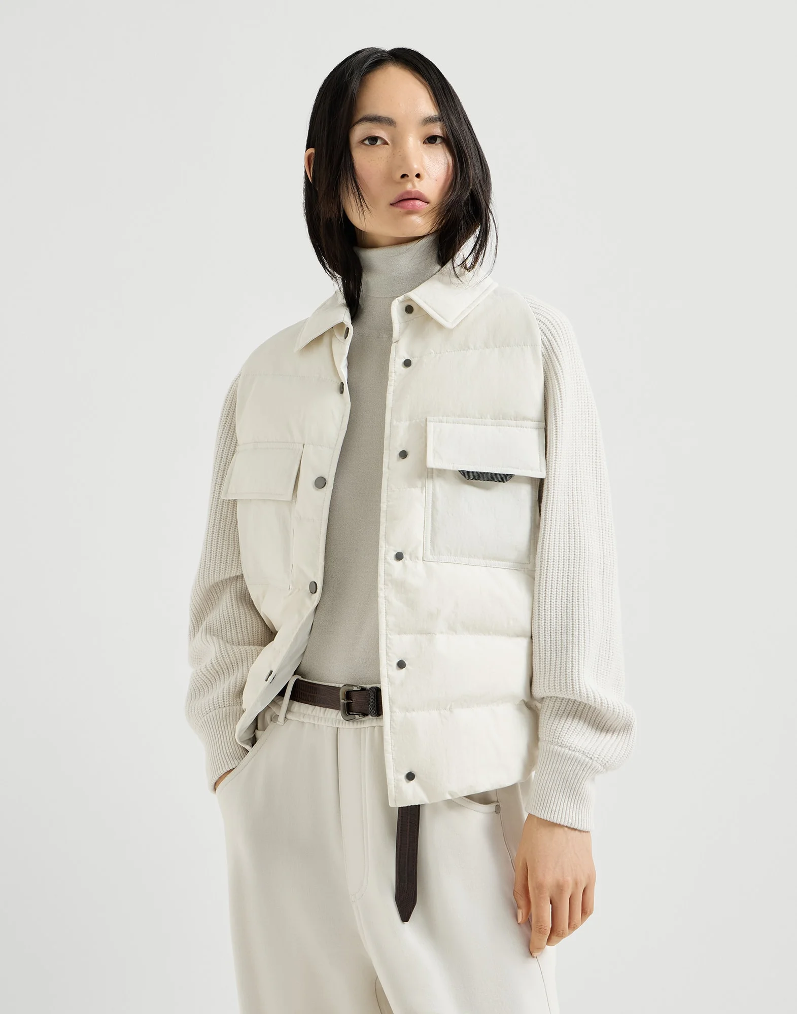 Water-resistant techno cotton and virgin wool, cashmere and silk knit down jacket with shiny flap de - 1