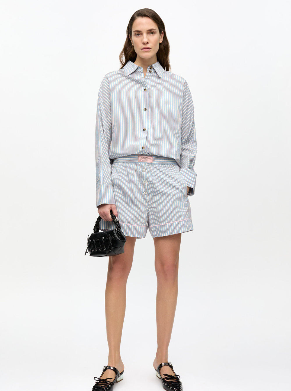 Ganni Women Violet Shorts With Logo Patch On The Front And All-Over Striped Motif In Viscose Blend W - 4