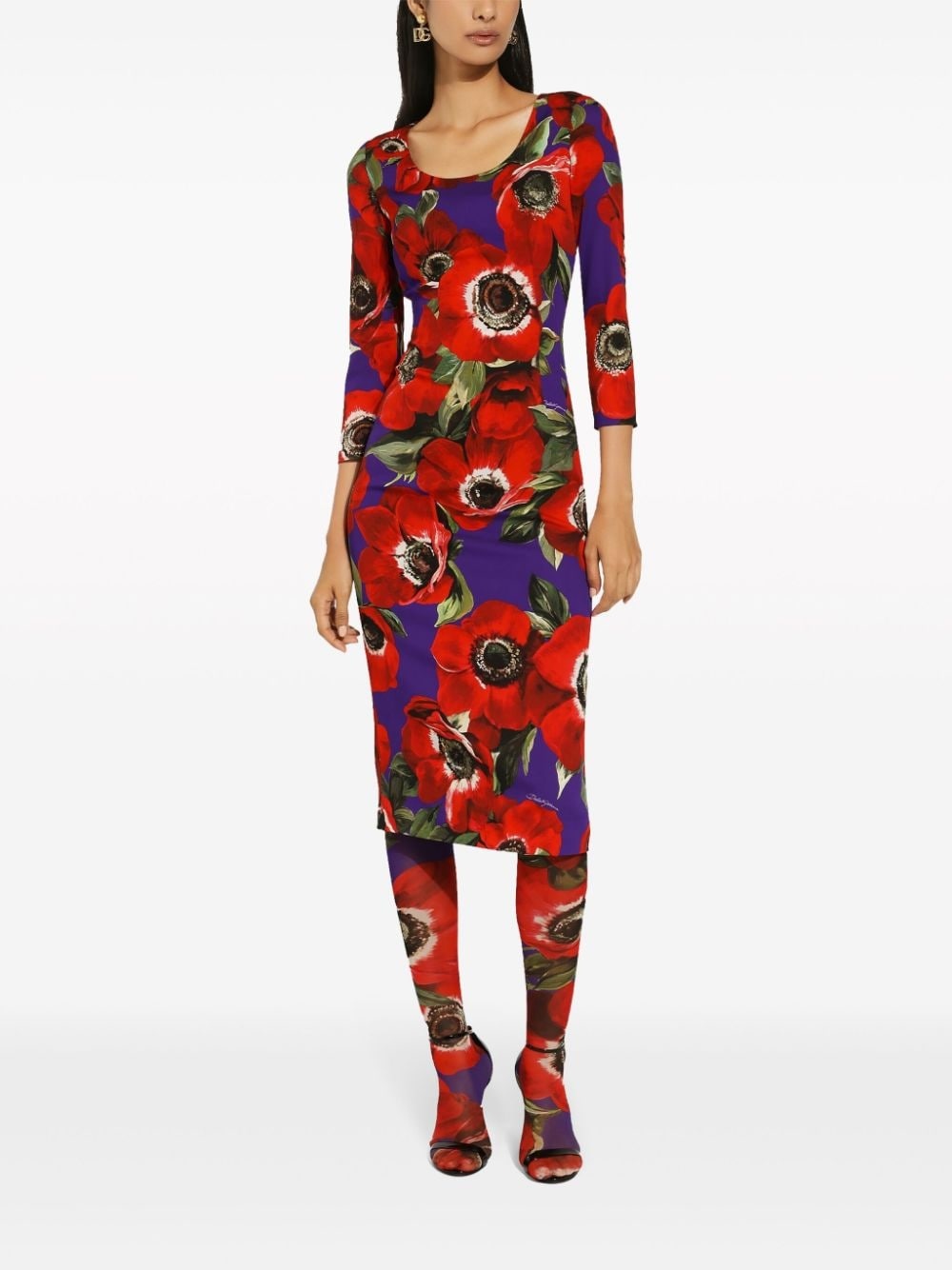 poppy-print round-neck midi dress - 3
