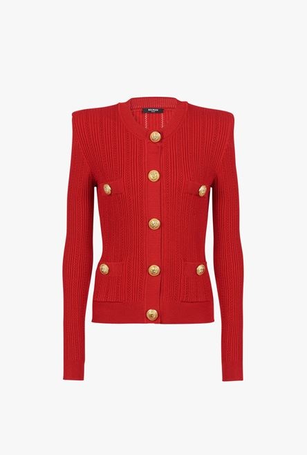 Cropped red eco-designed knit cardigan with gold-tone buttons - 1