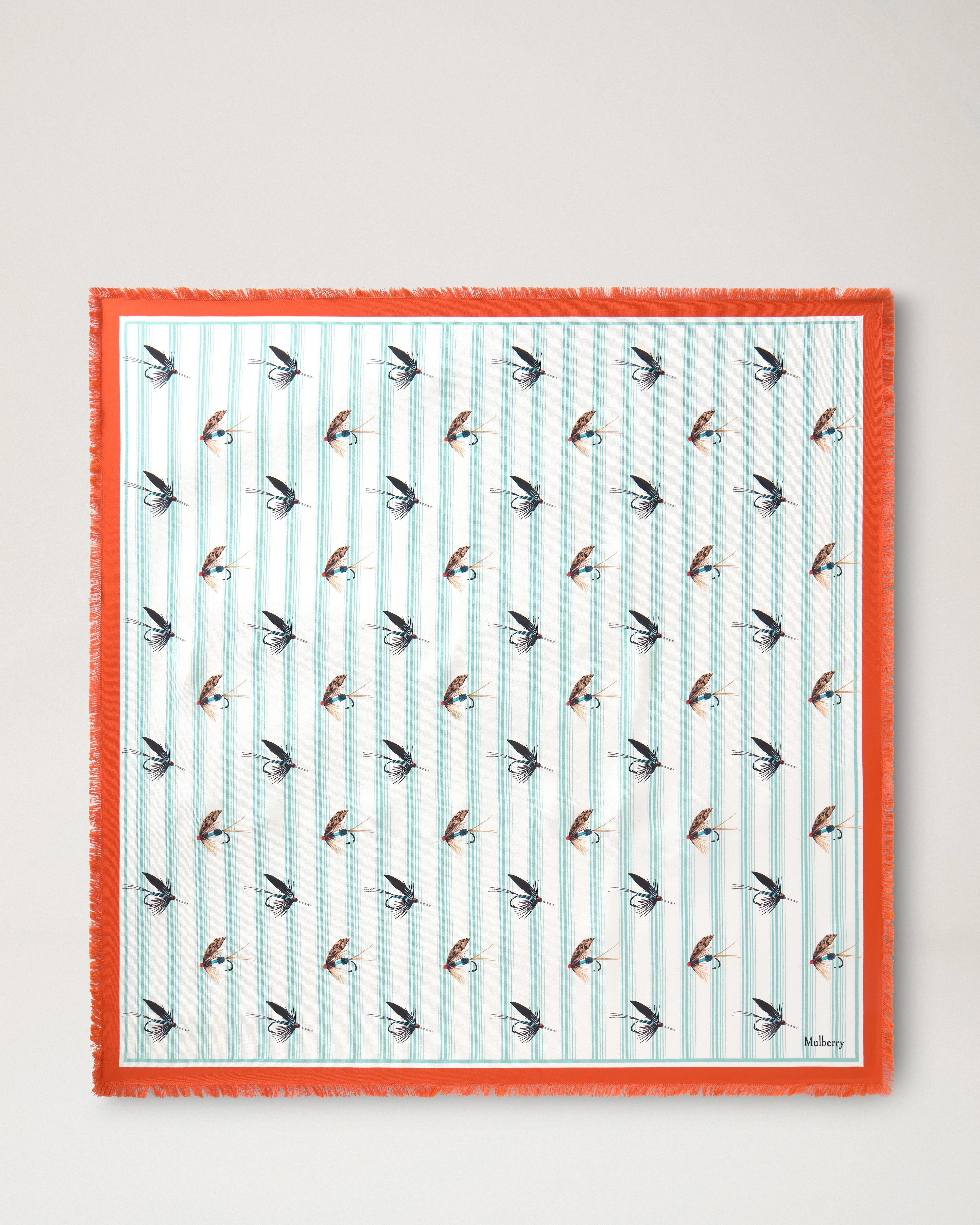 Square Scarf - Feather Lure Marina Blue & Coral Orange Silk Twill - 1
