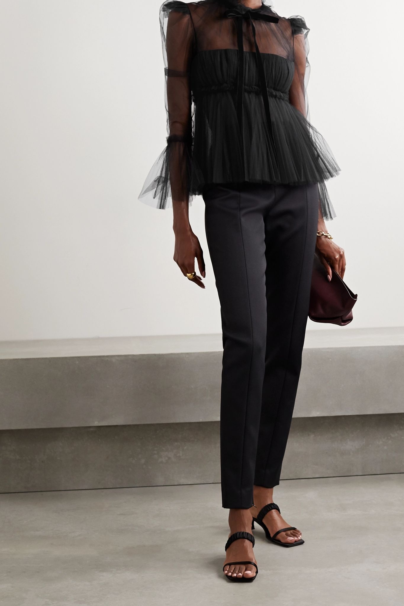 Dominika velvet-trimmed pleated tulle blouse - 2