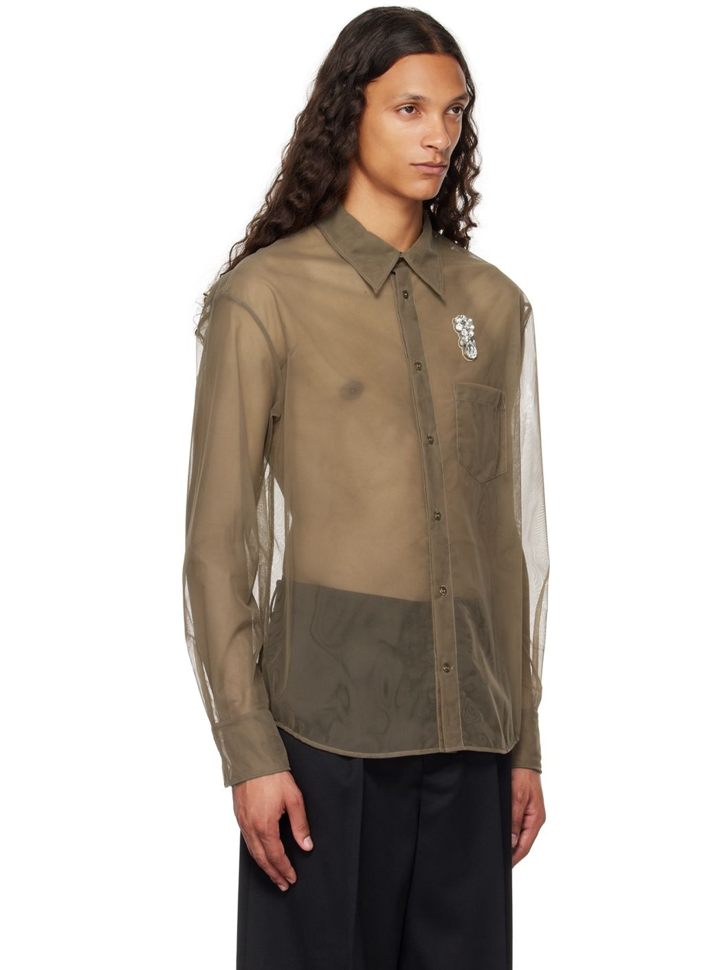 Khaki Sheer Embellished Shirt - 2