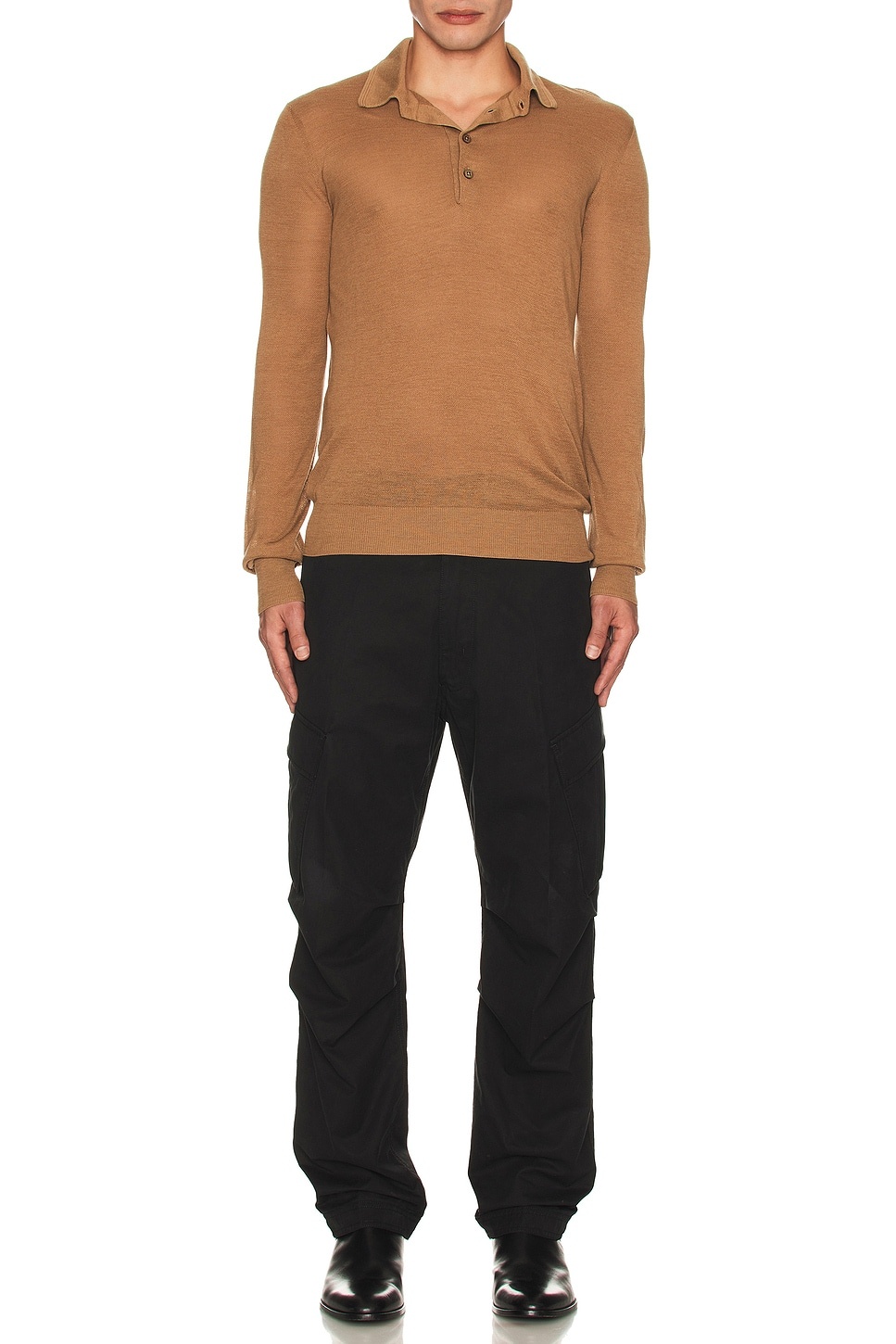 Piquet Long Sleeve Polo In Camel - 4