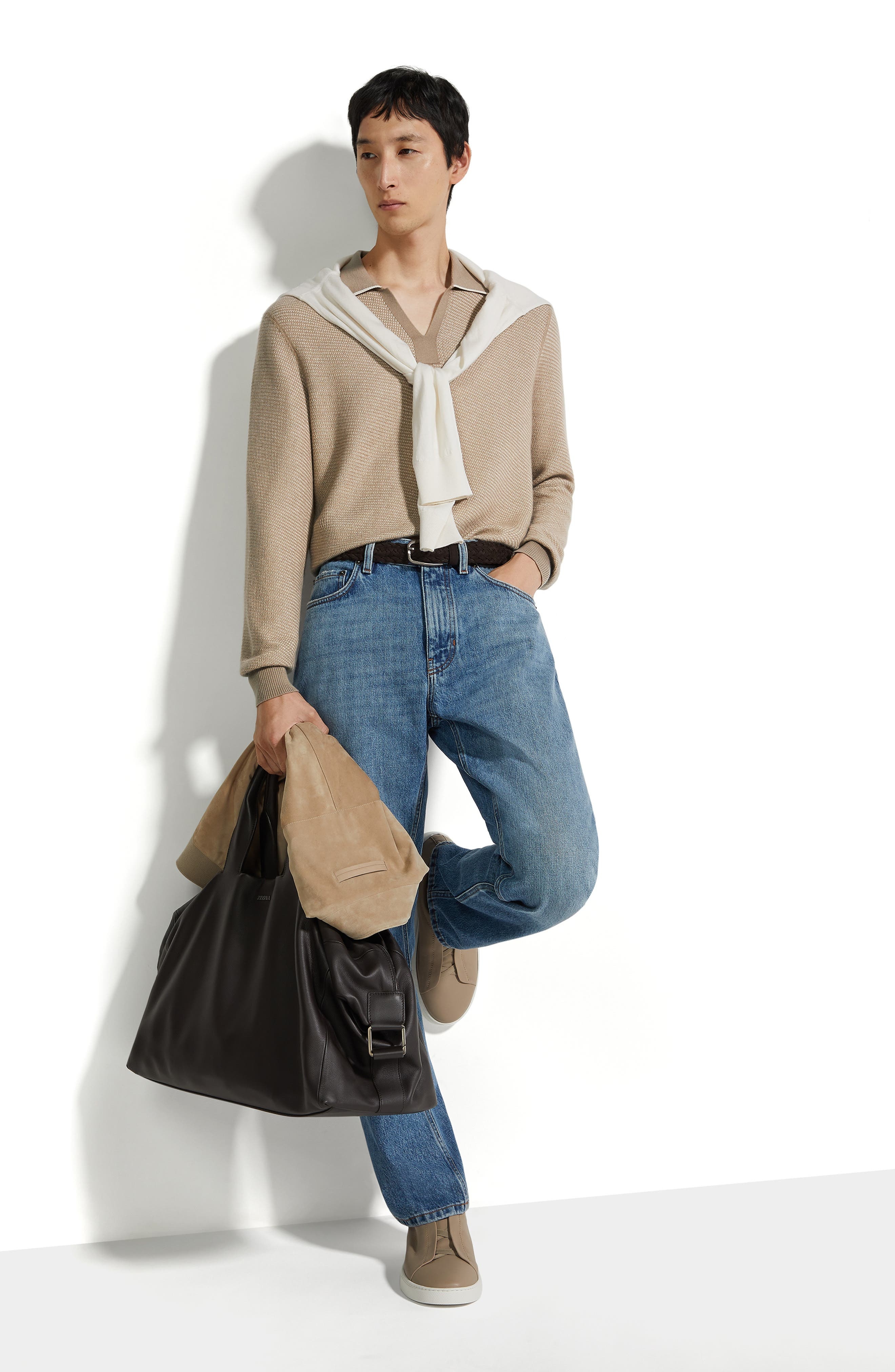 ZEGNA Long Sleeve Silk & Cashmere Polo Sweater in Med Beige Fan at Nordstrom - 3