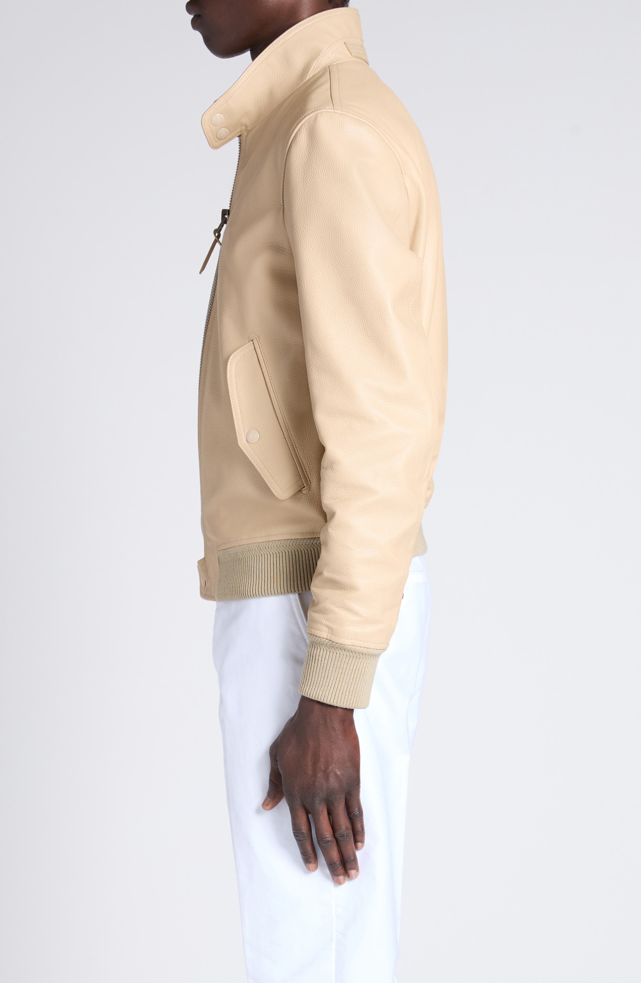 TOM FORD Tumbled Leather Harrington Jacket in Stone at Nordstrom - 4