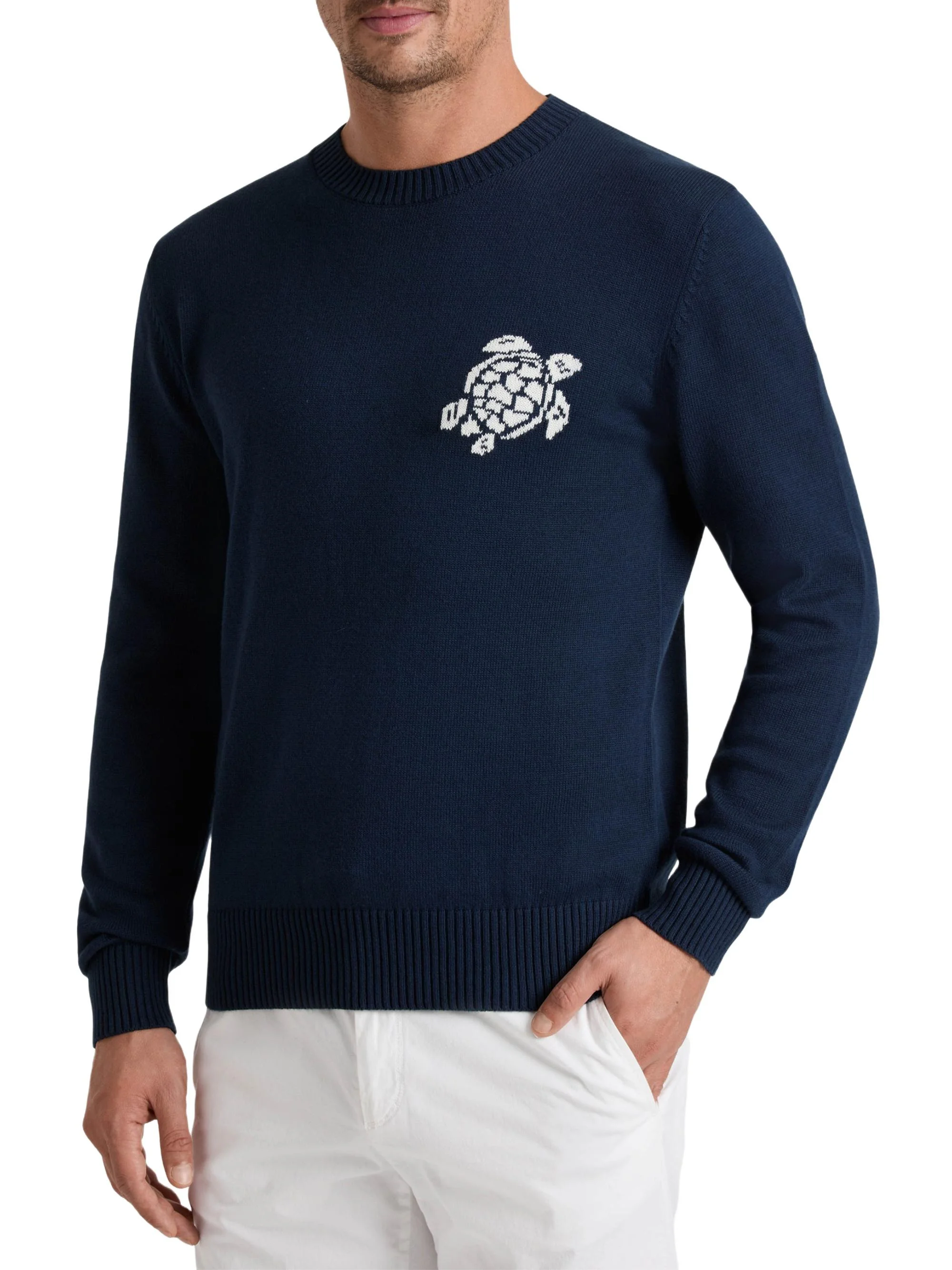 Men's Turtle Cotton-Cashmere Crewneck Sweater - Navy - 1