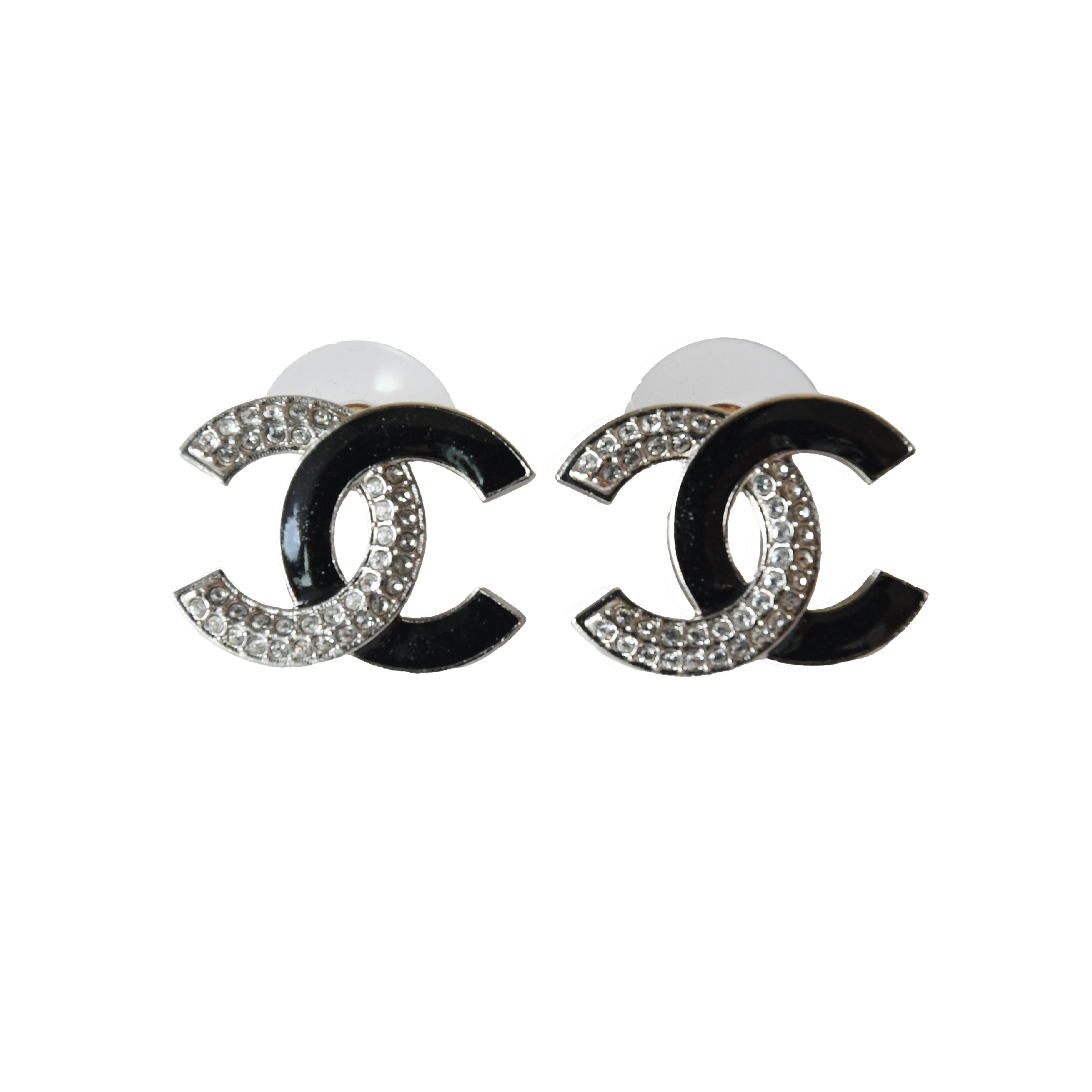 CHANEL CC 2 Tone Crystals Strass Enamel Stud Earrings Silver Black - 2