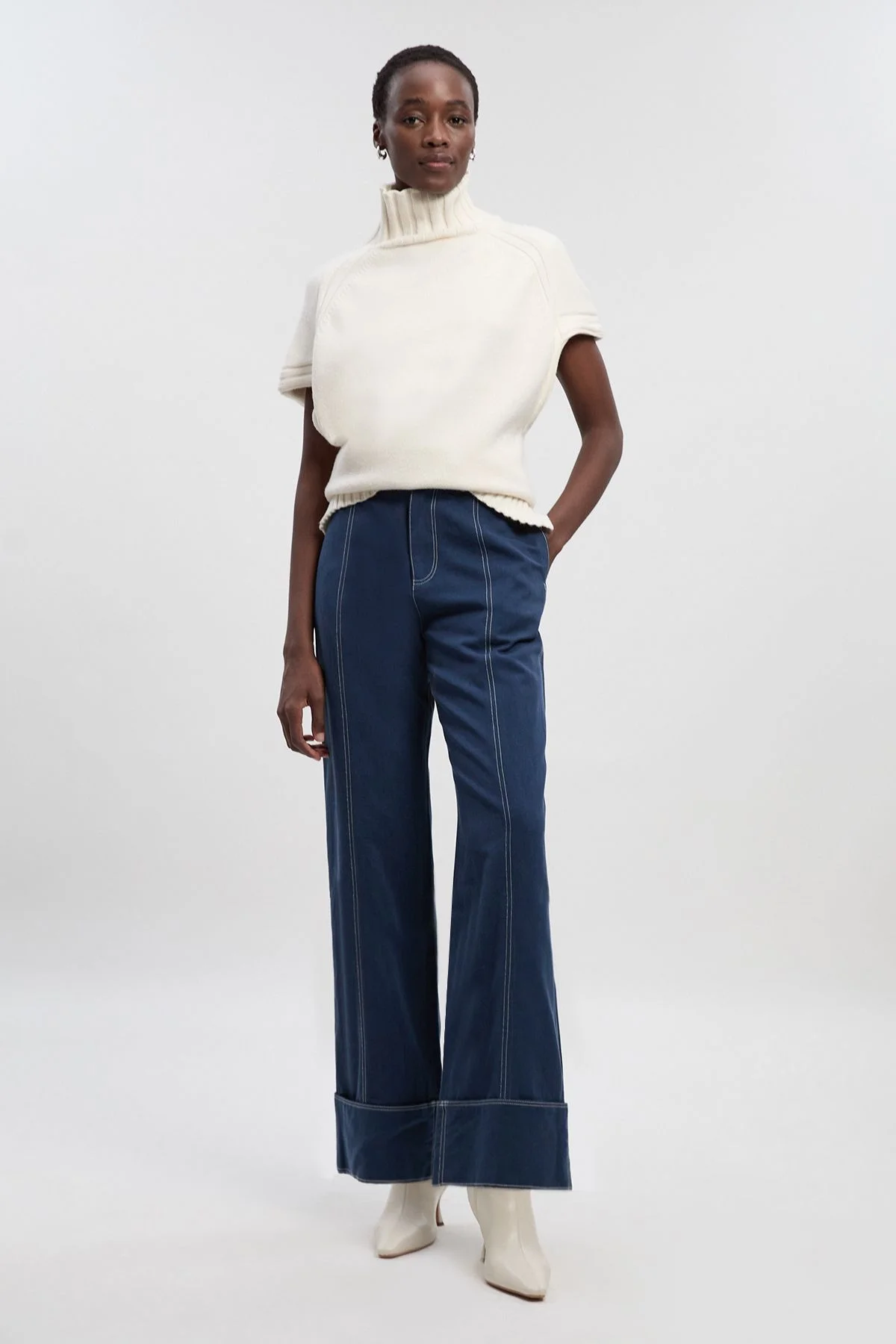 Petite Tencel Cotton Contrast Stitch Woven Straight Leg Trouser - 1