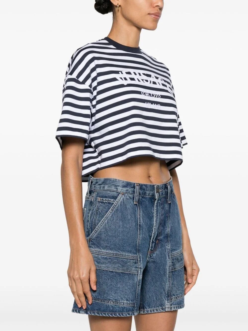 Nautical Stripes And Logo `Still Versace` Cropped T-Shirt - 4