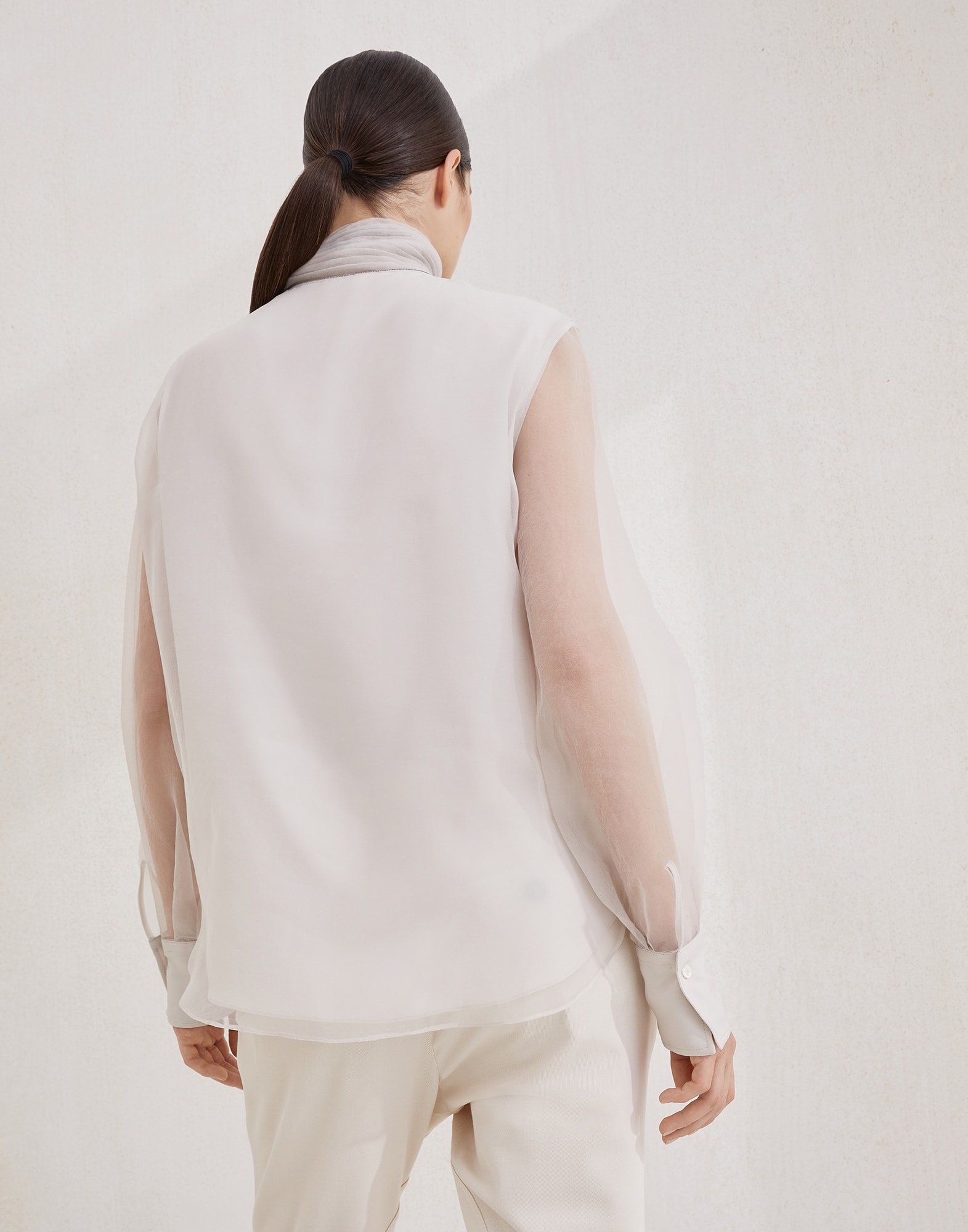 Crispy silk pussybow blouse with monili - 2