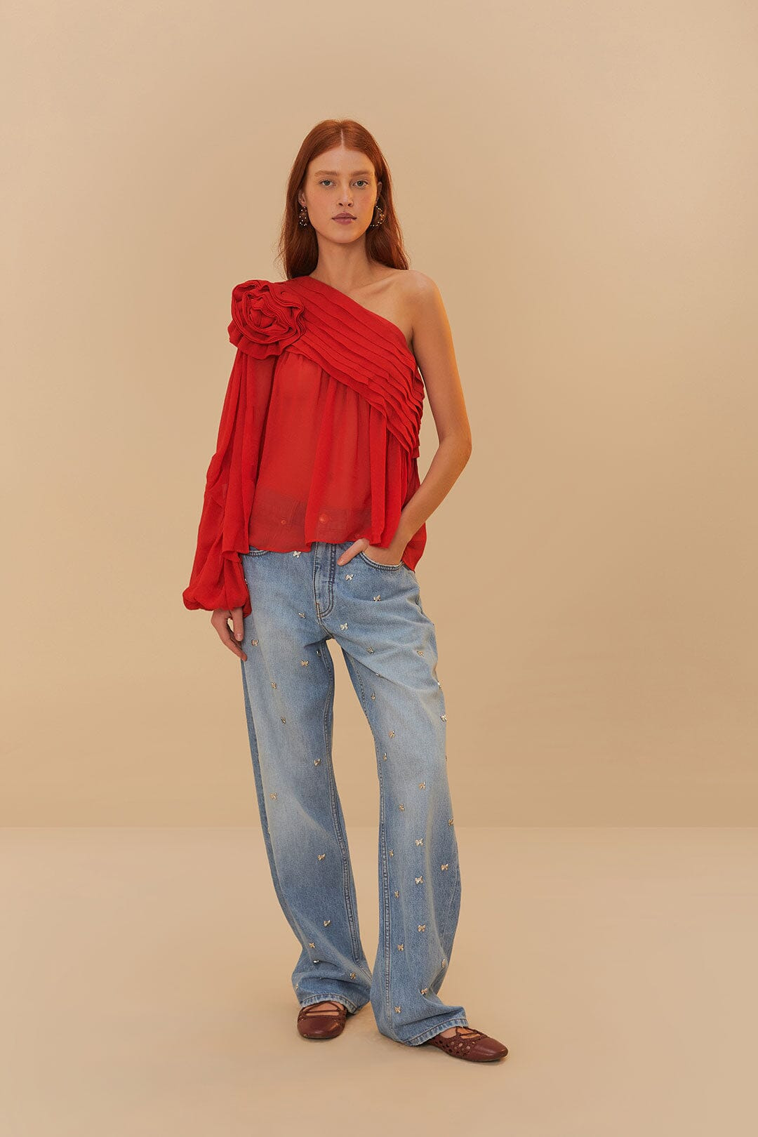 Red Rose Puff Sleeve One-Shoulder Blouse - 2