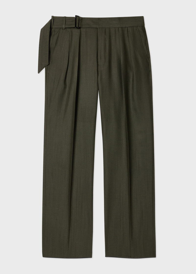 Khaki Textured Wool-Lyocell Belted Trousers 1