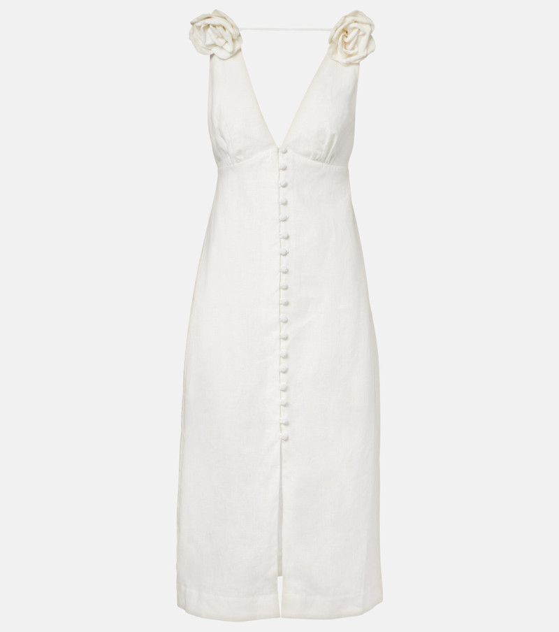 Floral-appliqué linen midi dress 1