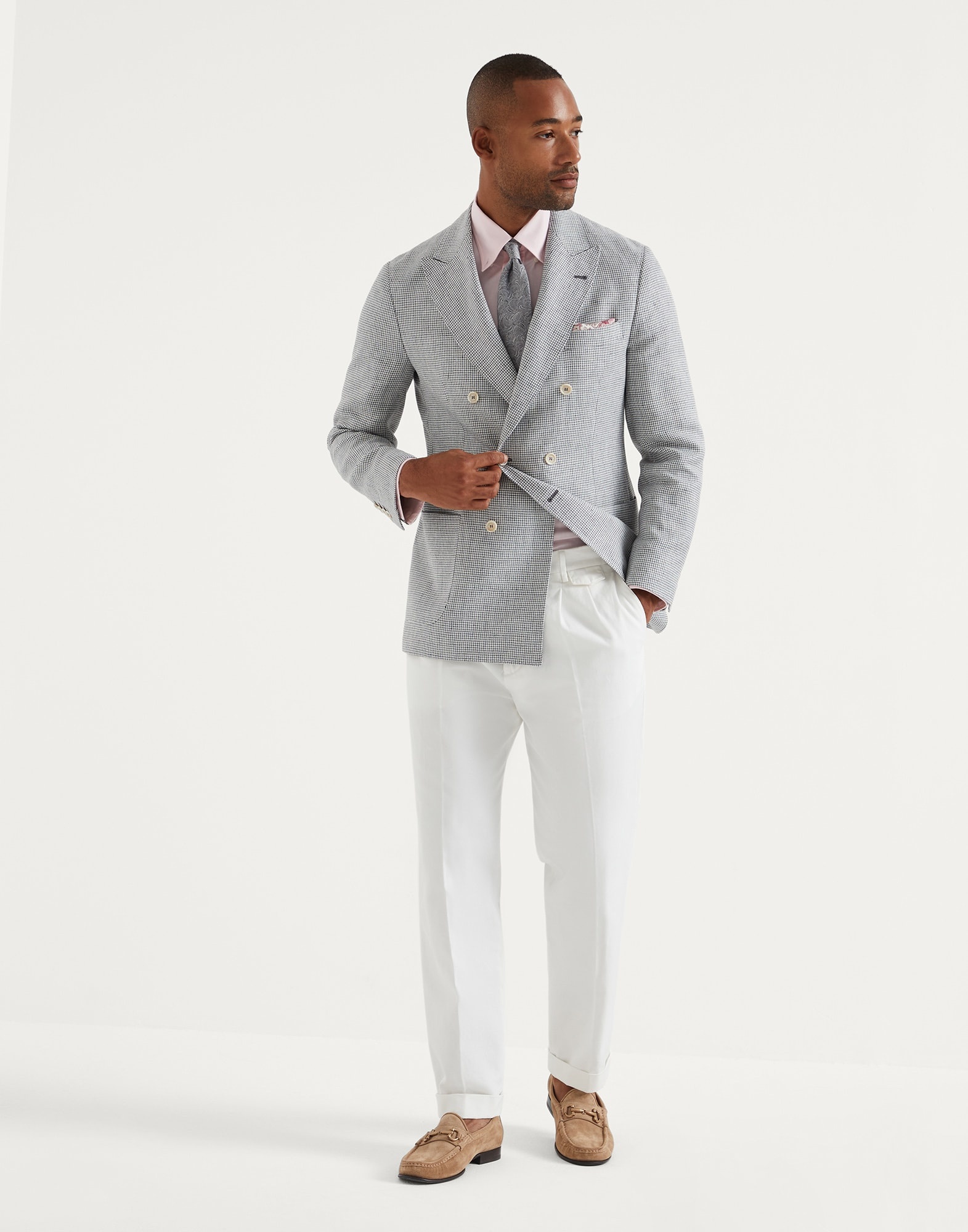 Linen houndstooth one-and-a-half breasted deconstructed blazer with patch pockets - 5