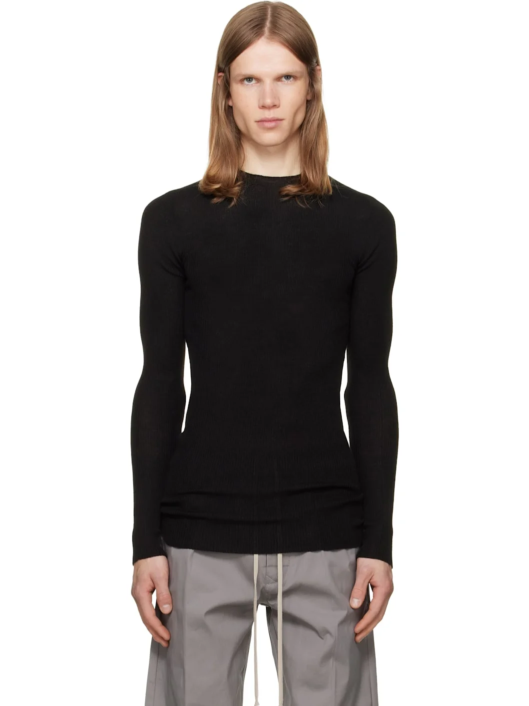 Black Tower Ribbed Round Neck Sweater - 1