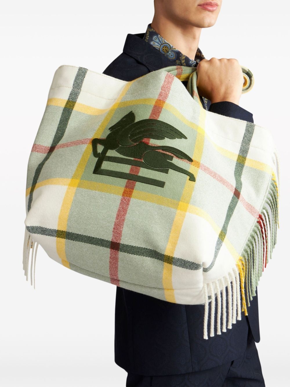 Pegaso-embroidered checkered tote bag - 3