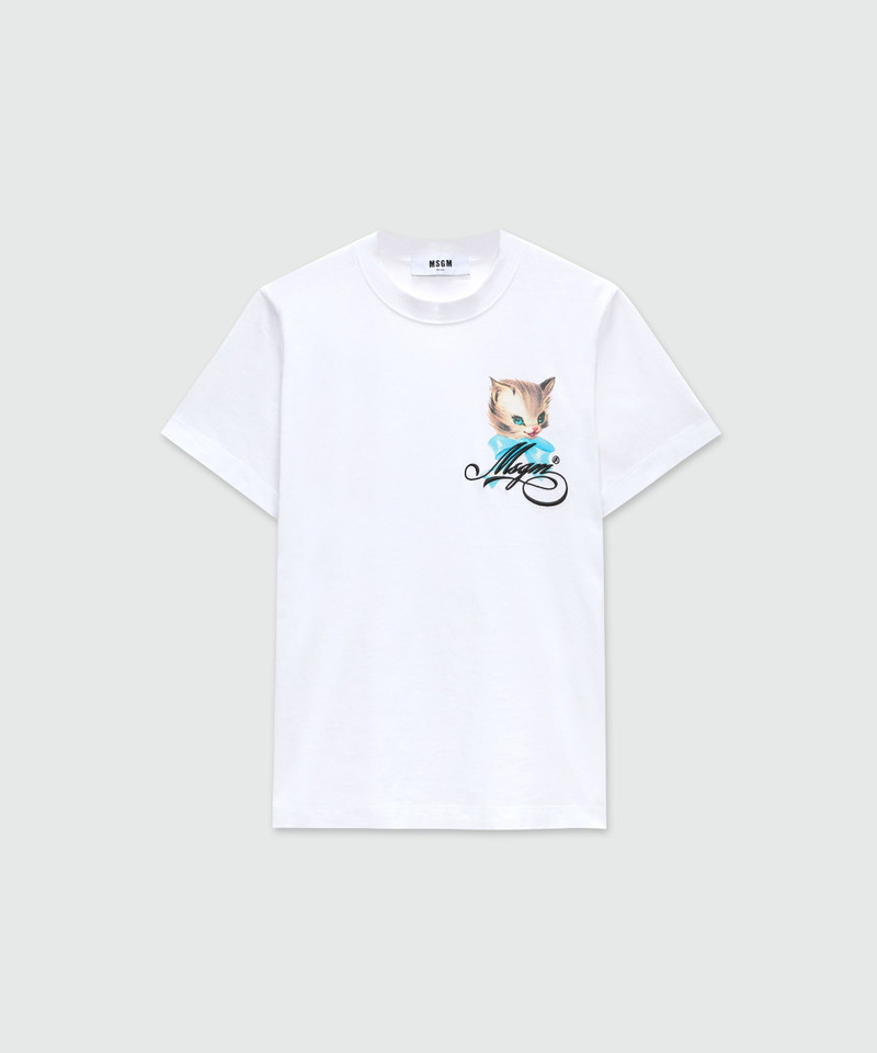White jersey T-shirt with "Cute Kitty" graphic and cursive MSGM logo 1