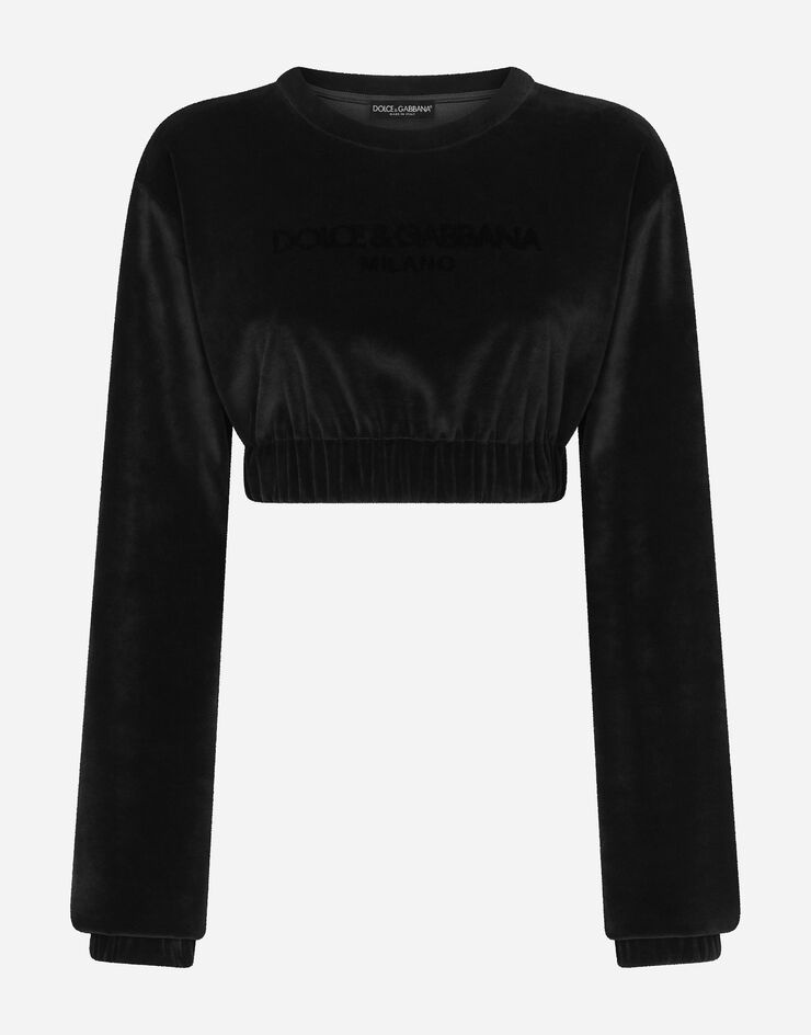 Cropped chenille sweatshirt with carpet-stitch embroidery - 1