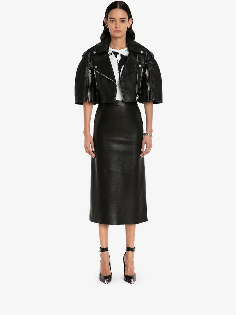 Leather Kickback Pencil Skirt in Black - 2