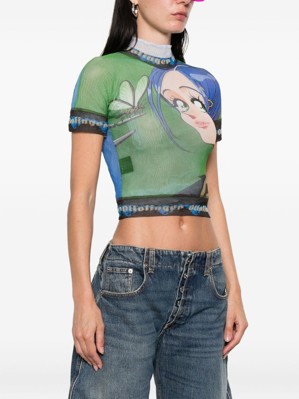anime-print mesh top - 3