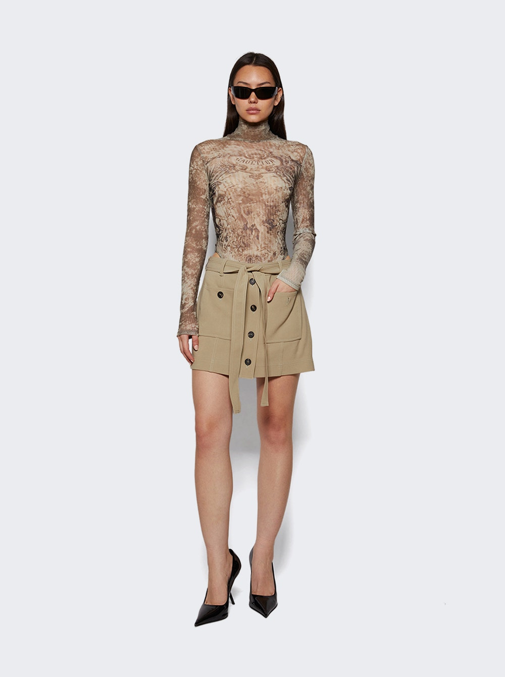 Open Back Mesh Bodysuit Beige Médaillon Print - 5