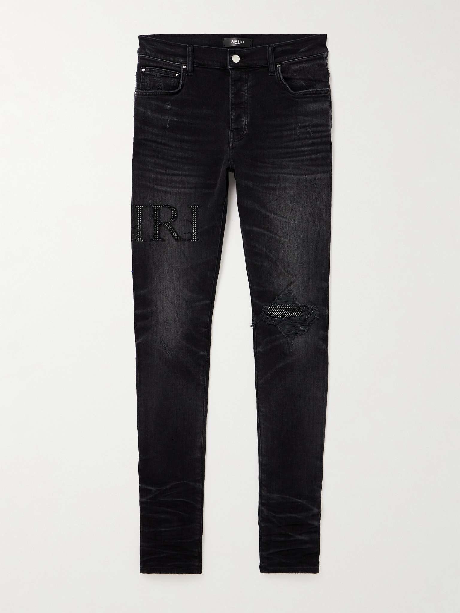 Skinny-Fit Crystal-Embellished Distressed Jeans - 1