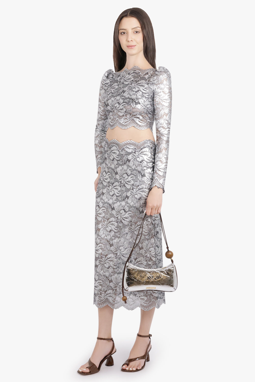 METALLIC LACE STRAIGHT MIDI SKIRT | SILVER - 2