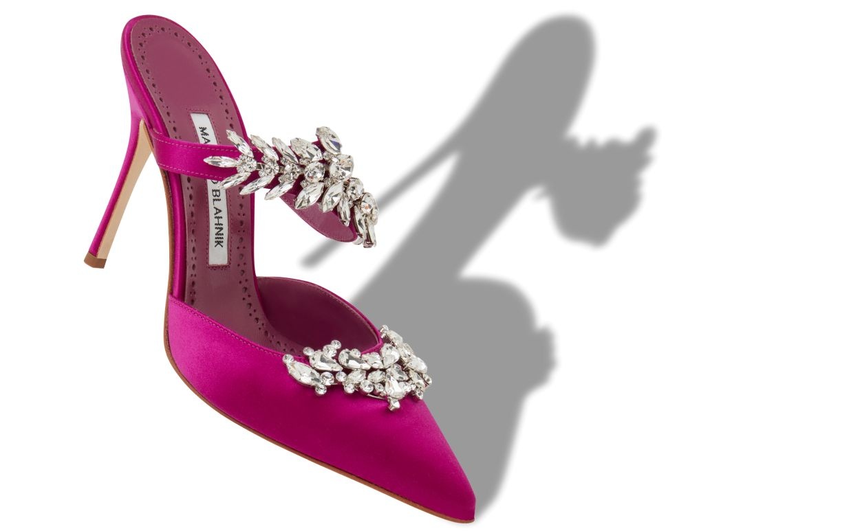 Fuchsia Satin Crystal Embellished Mules - 2