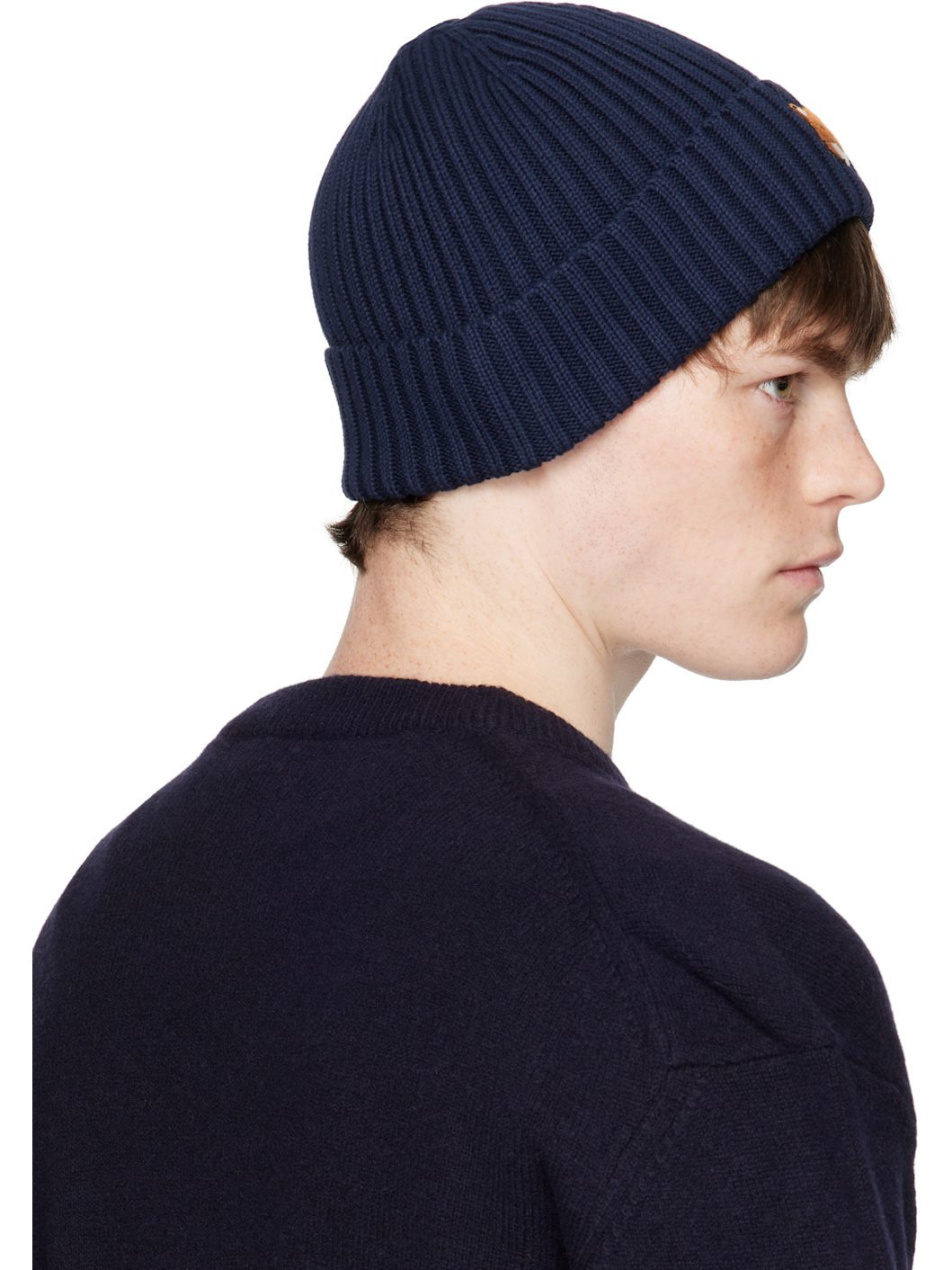 Navy Natural Fox Head Beanie - 3