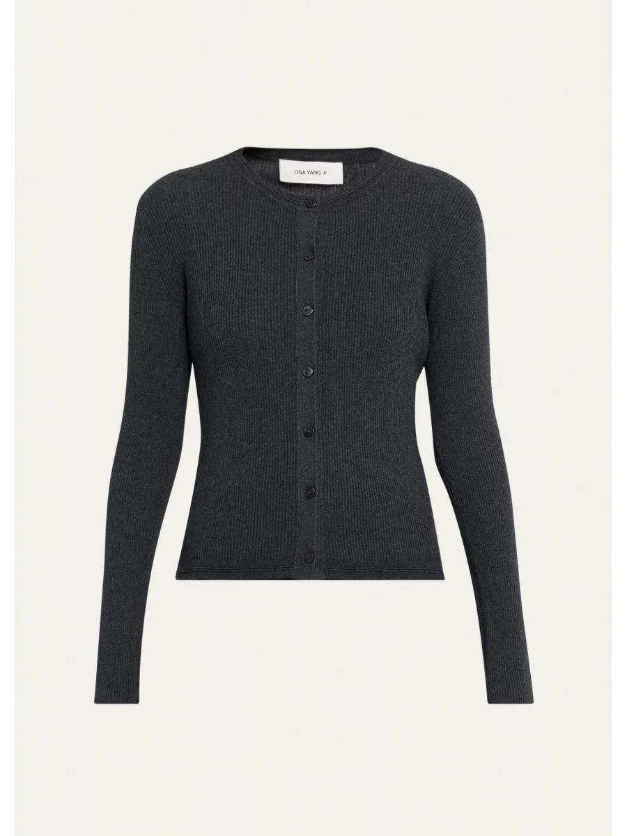 Abeena Cotton-Cashmere Rib Crewneck Cardigan - 1