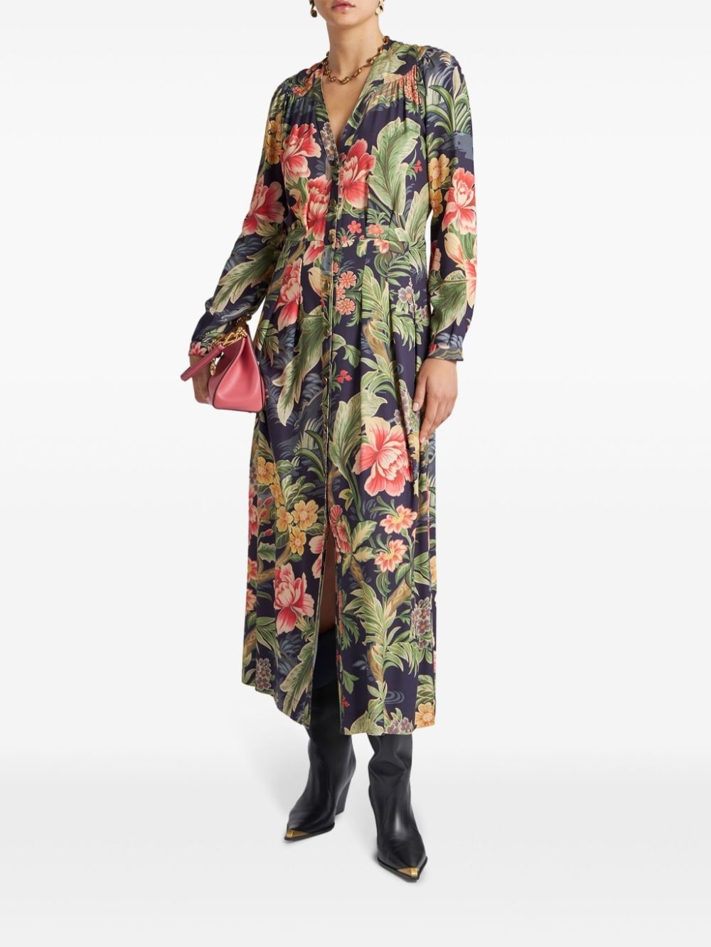 floral-printed twill shirt dress - 2