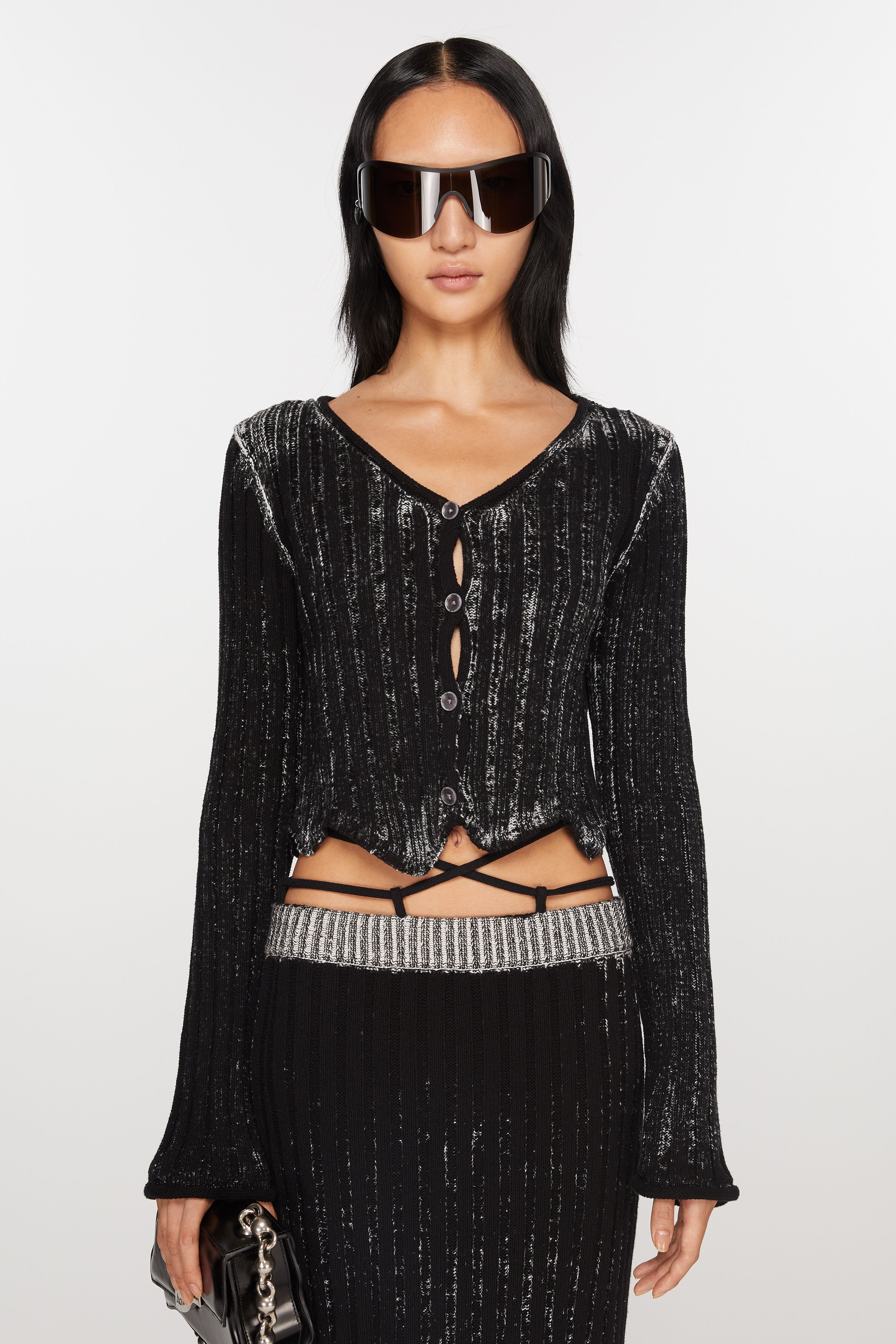 Ribbed printed cardigan - Black/white - 2