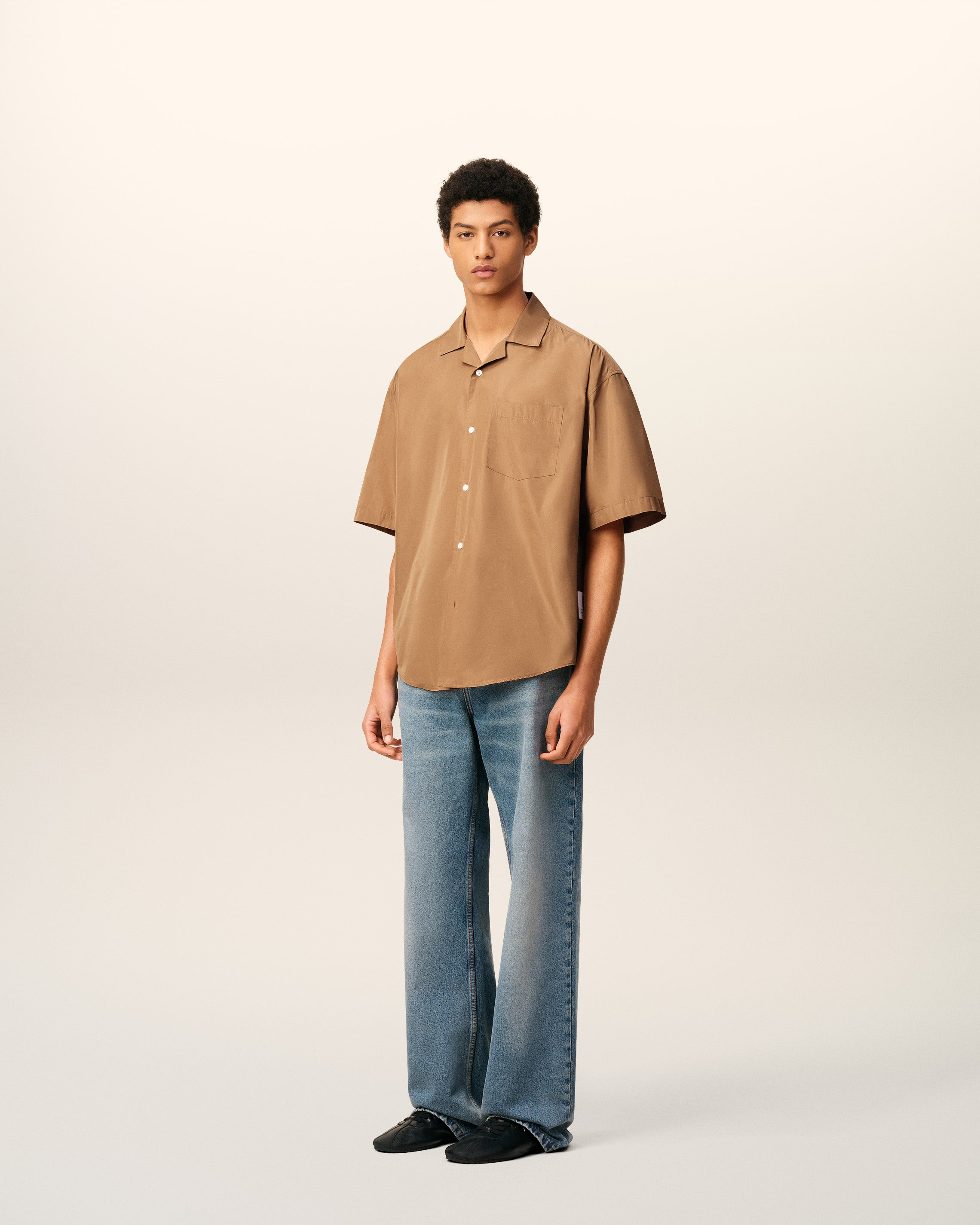 BROWN TAFFETASS SHORT SLEEVED BOXY SHIRT - 9