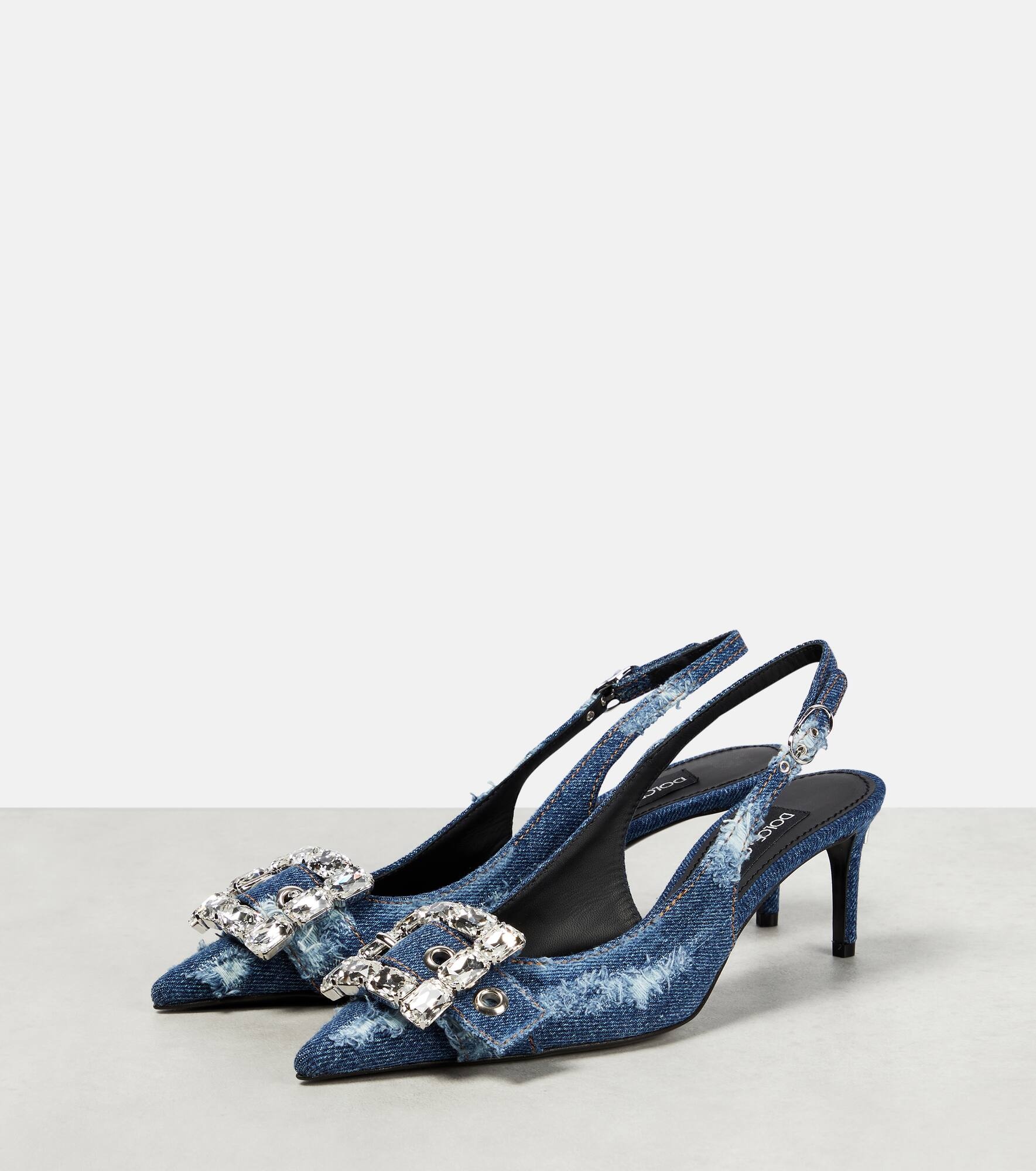 Embellished denim slingback pumps - 5