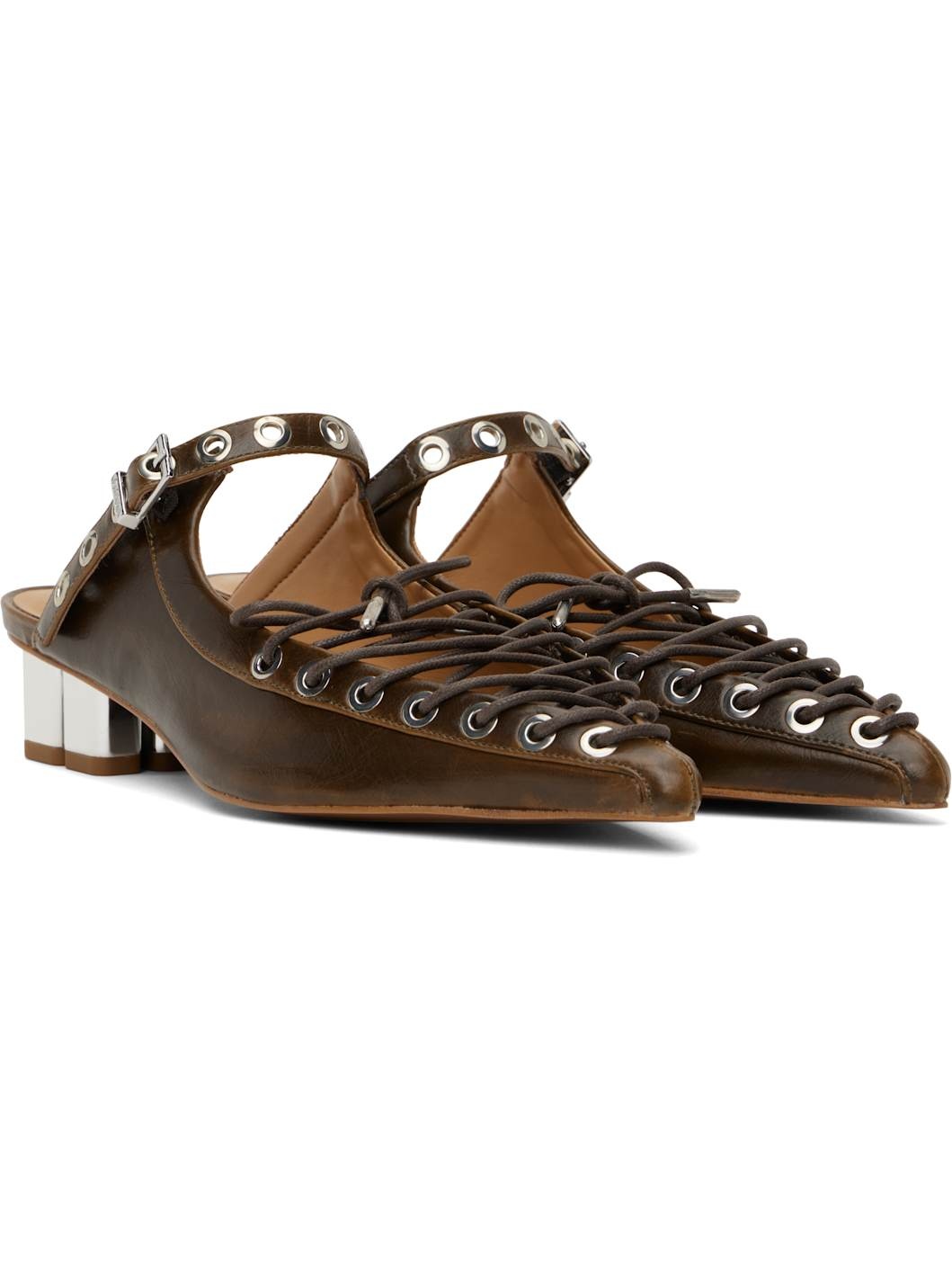 Brown Oleatex Lace-Up Mules - 4