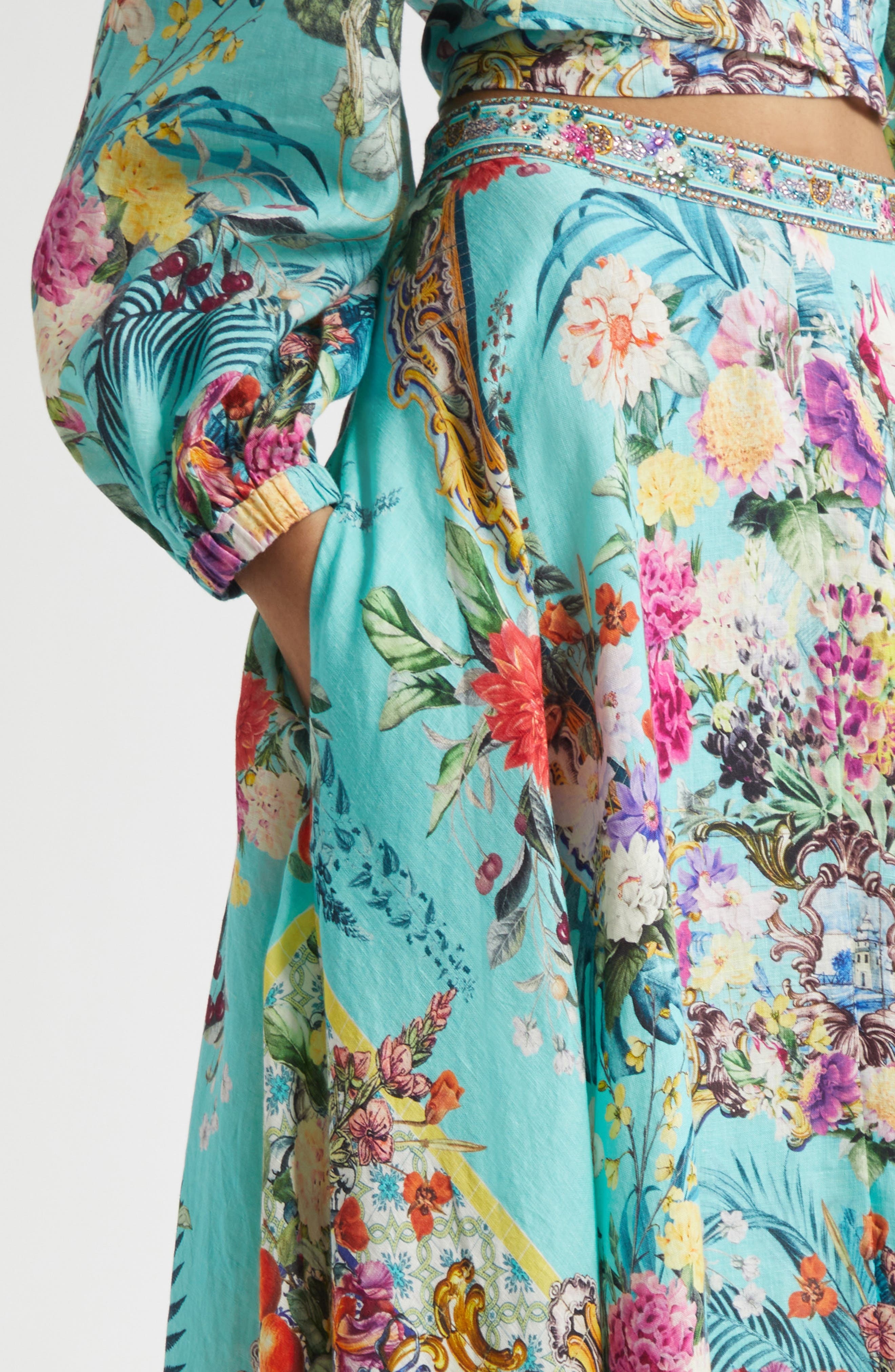 Camilla Crystal Embellished Linen Maxi Skirt in Gardens Of Queluz at Nordstrom - 5