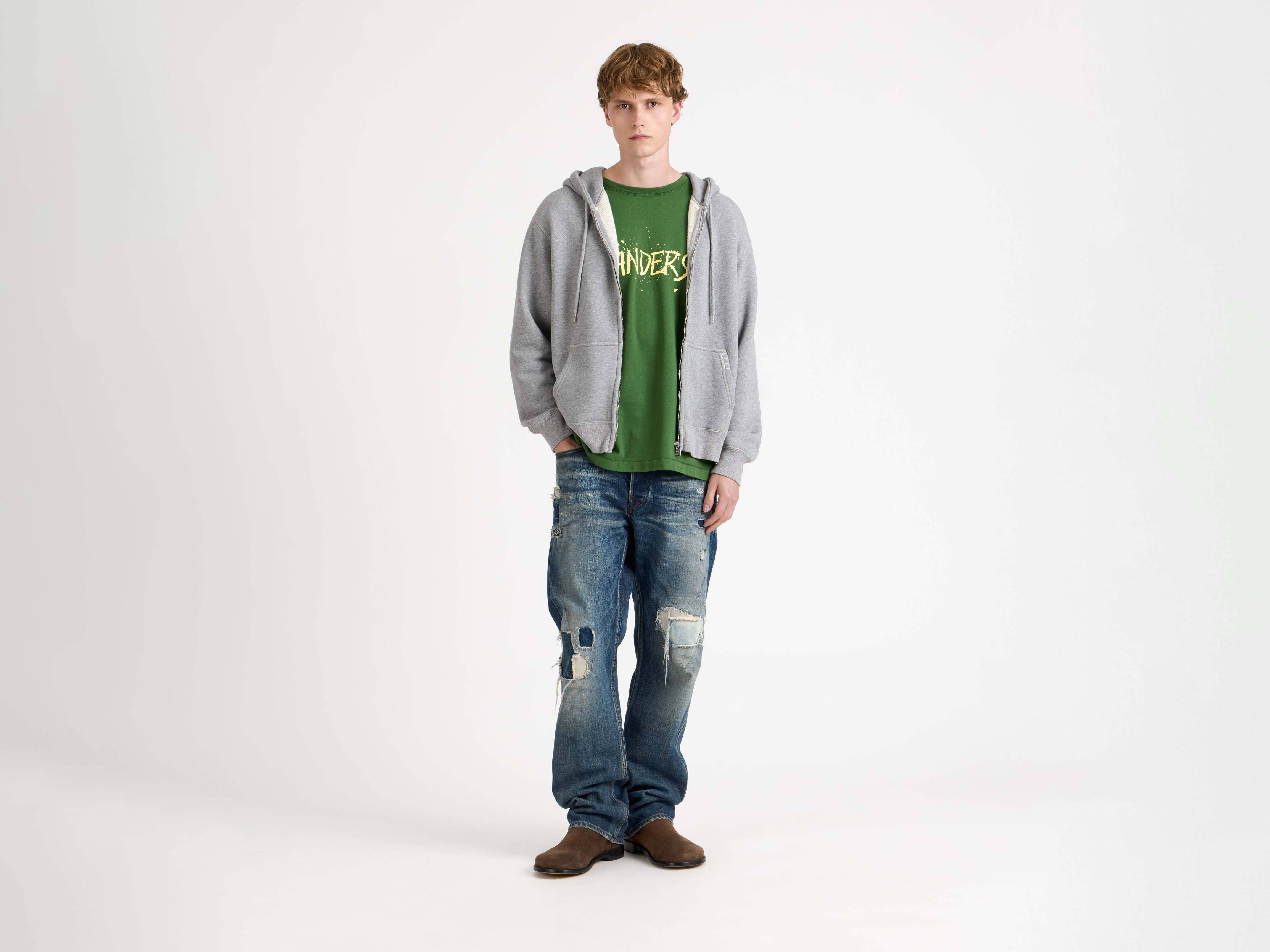 FRONT ZIP HOODIE IN MID GREY MELANGE - 2