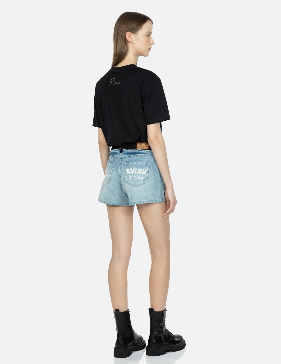 SEAGULL AND LOGO EMBROIDERY RECONSTRUCTED DENIM SHORTS - 3