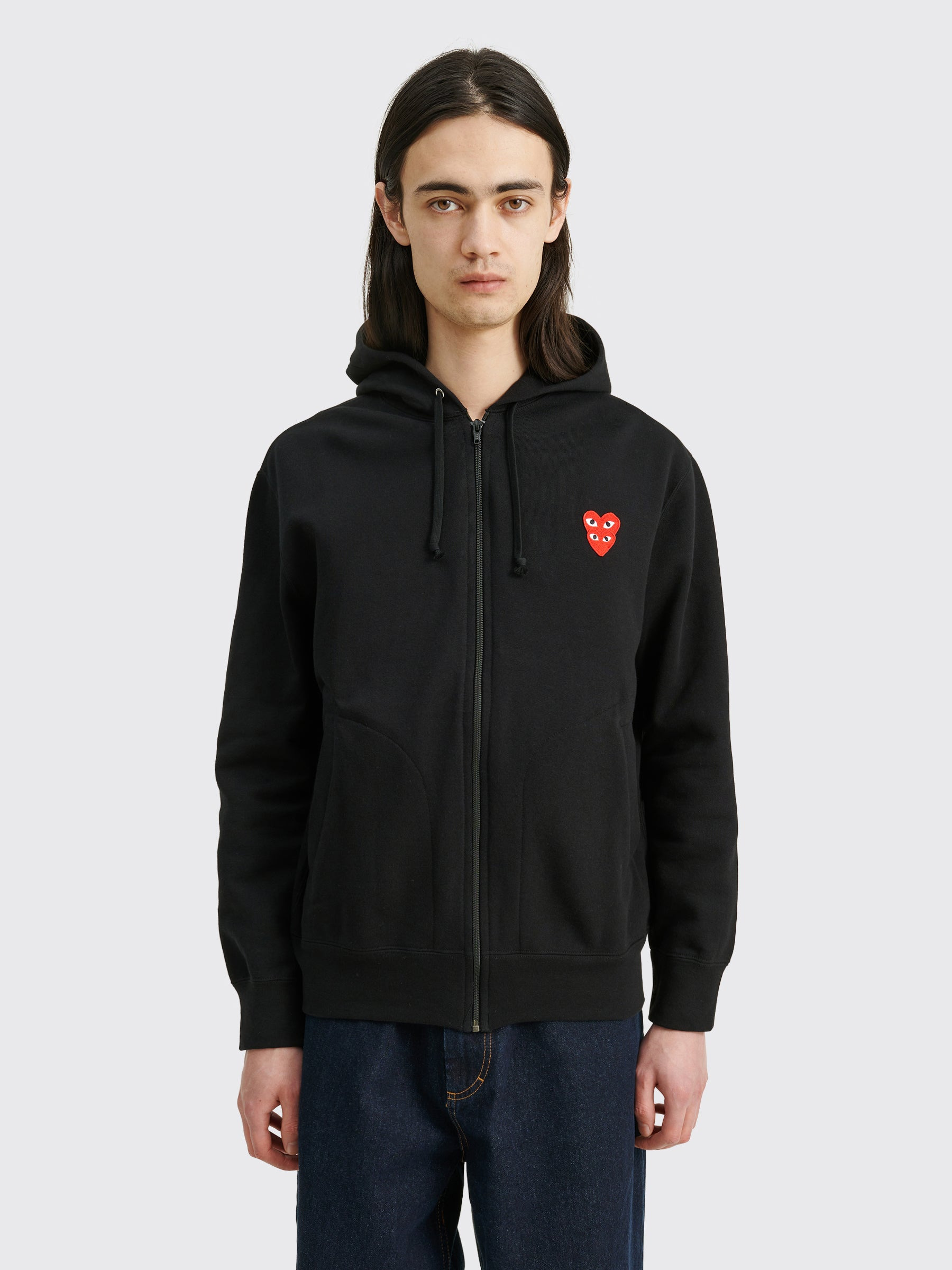 COMME DES GARÇONS PLAY DOUBLE HEART HOODED ZIP SWEATSHIRT BLACK - 5