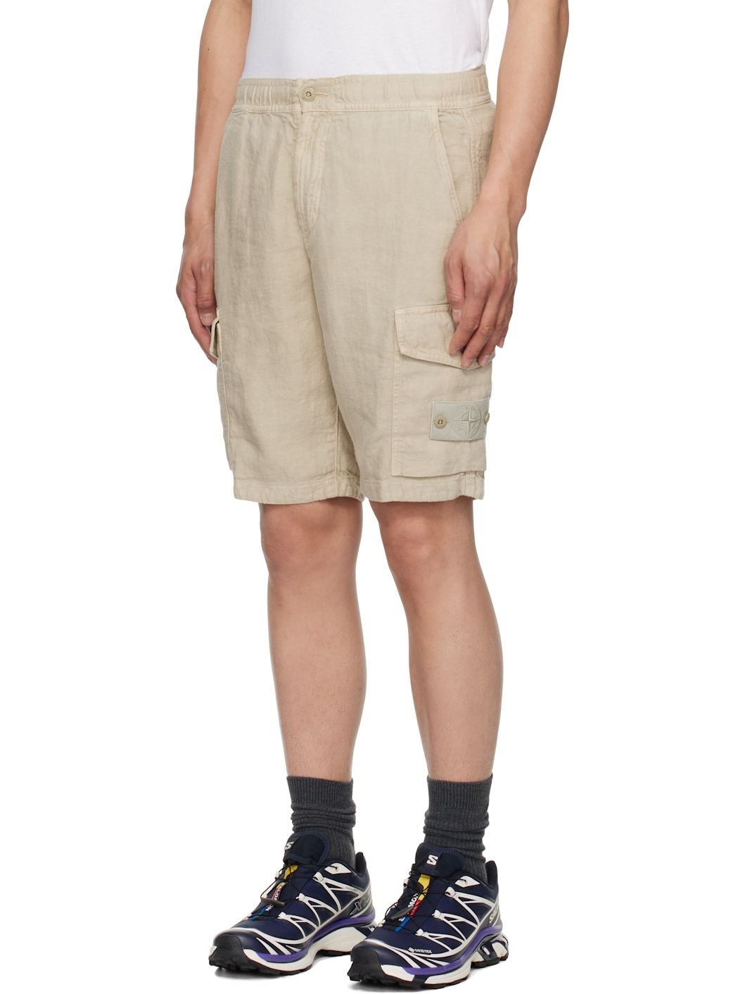 Beige Diagonal Linen Shorts - 4