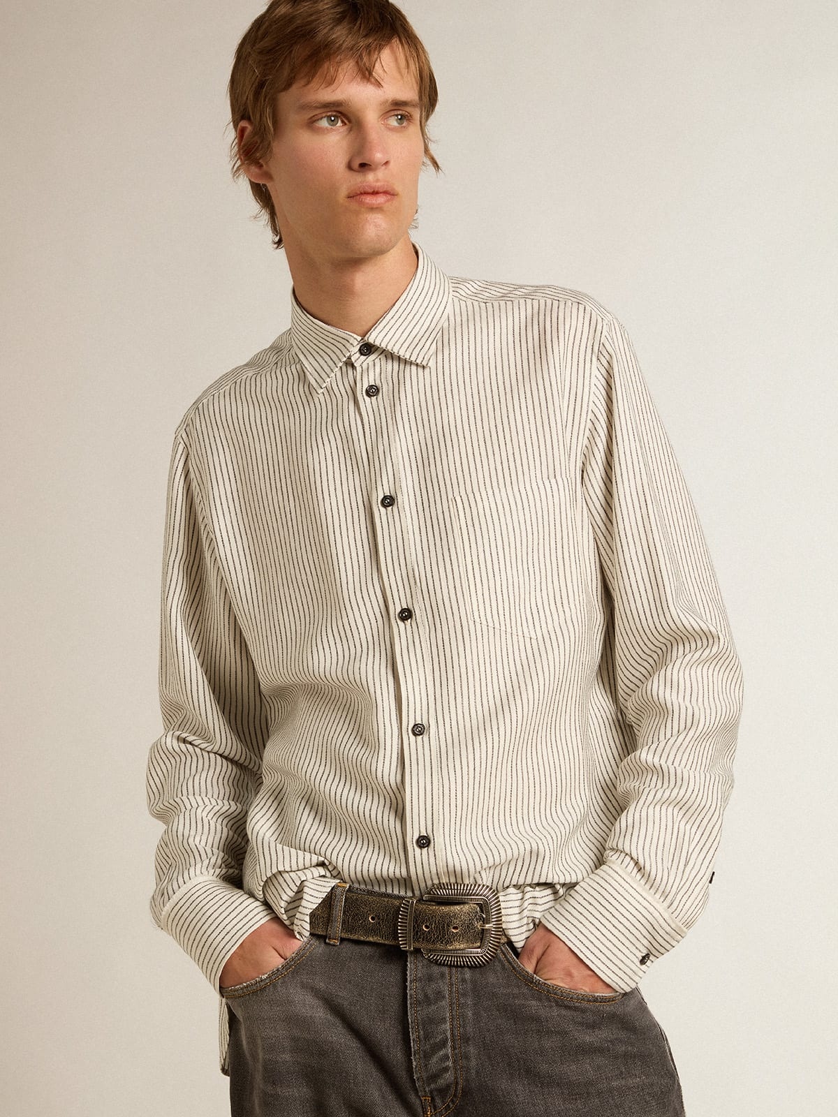 Men’s white viscose shirt with narrow black stripes - 2