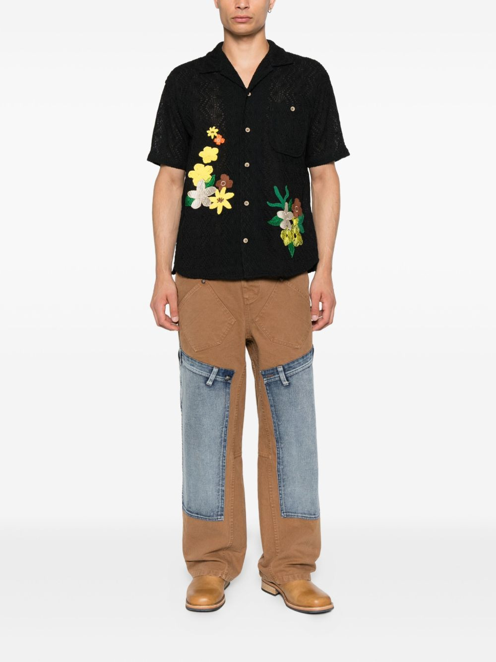 flower-embroidered open-collar shirt - 3