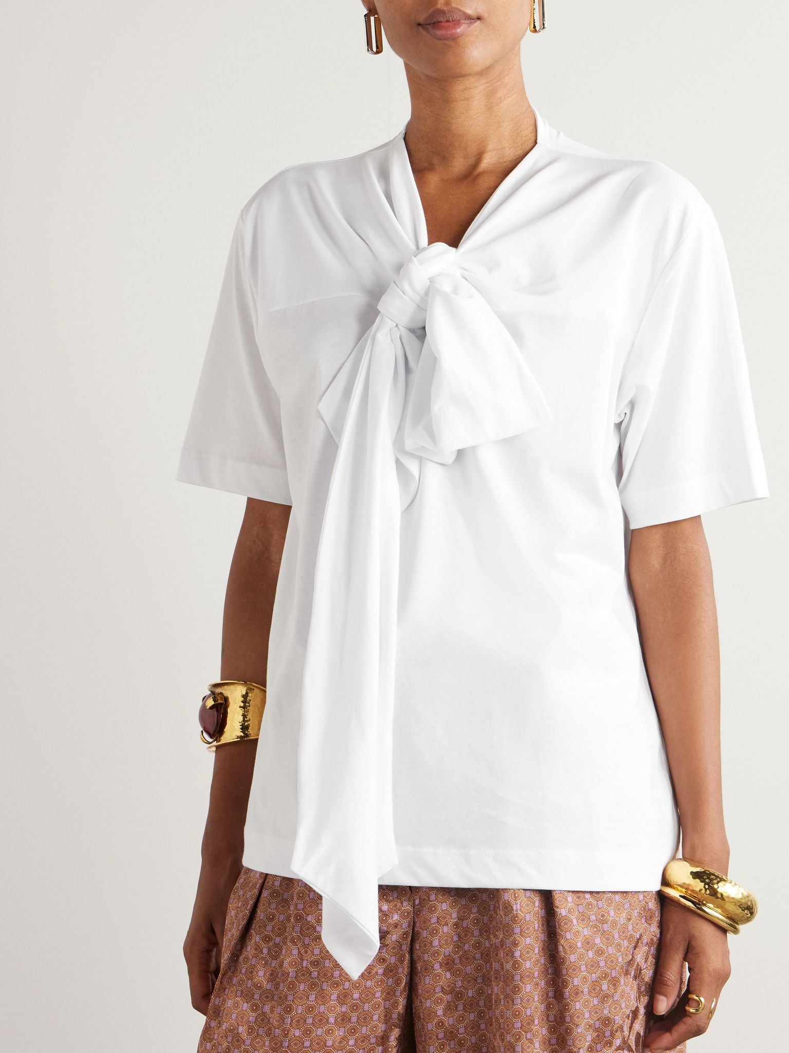 Bow-detailed organic cotton-jersey blouse White - 3