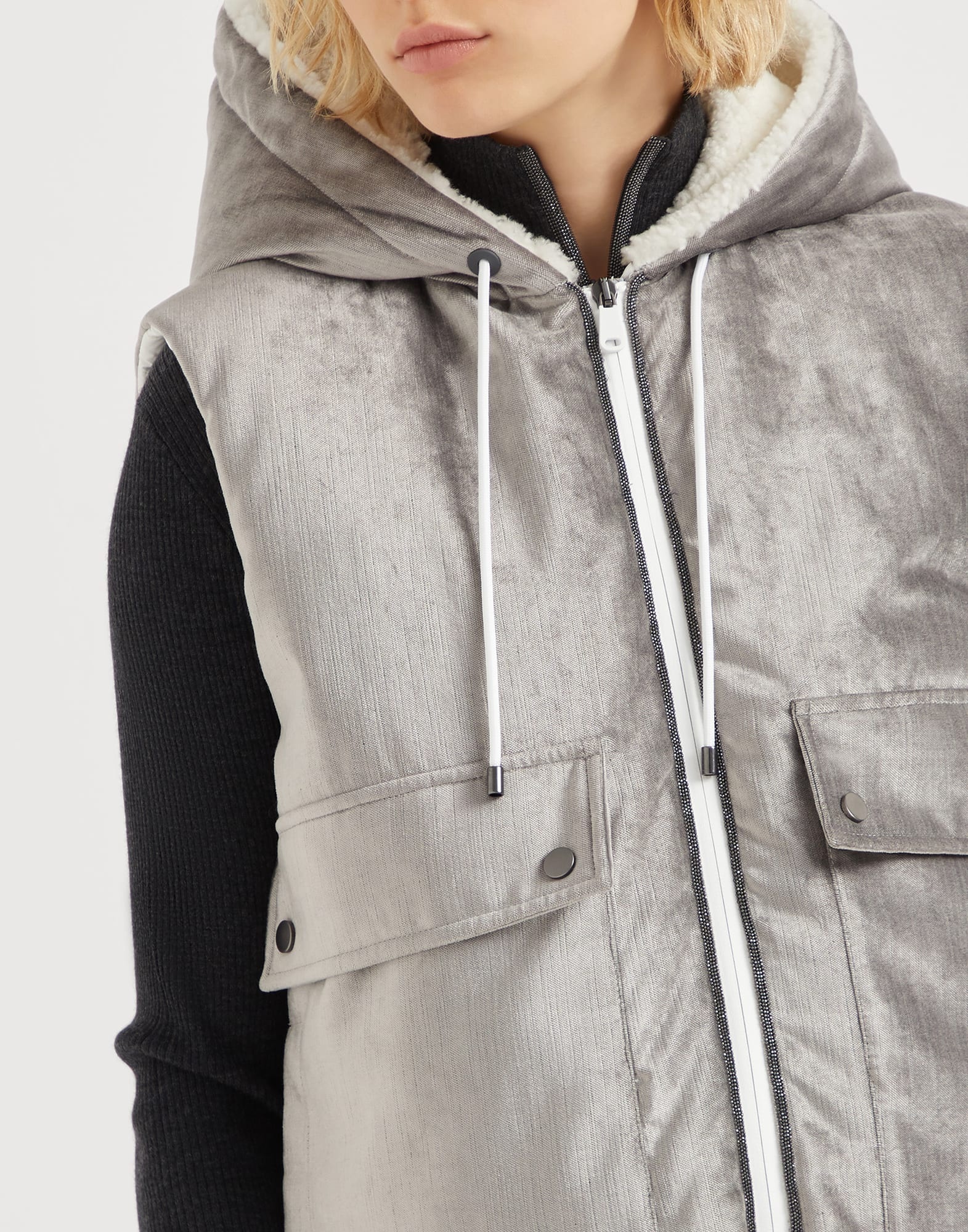 Cotton and viscose sleek velvet down vest with shiny trims - 3